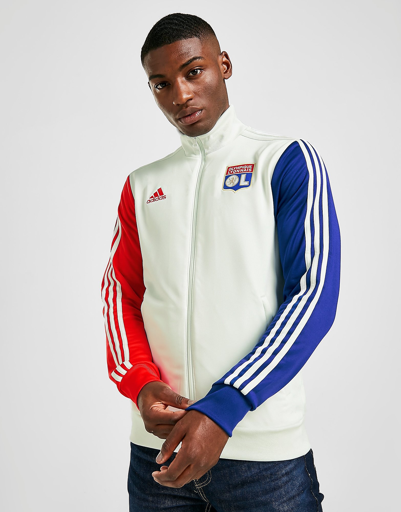 

adidas Olympique Lyon 3-Stripes Track Top - White Tint / Vivid Red / Victory Blue - Mens, White Tint / Vivid Red / Victory Blue