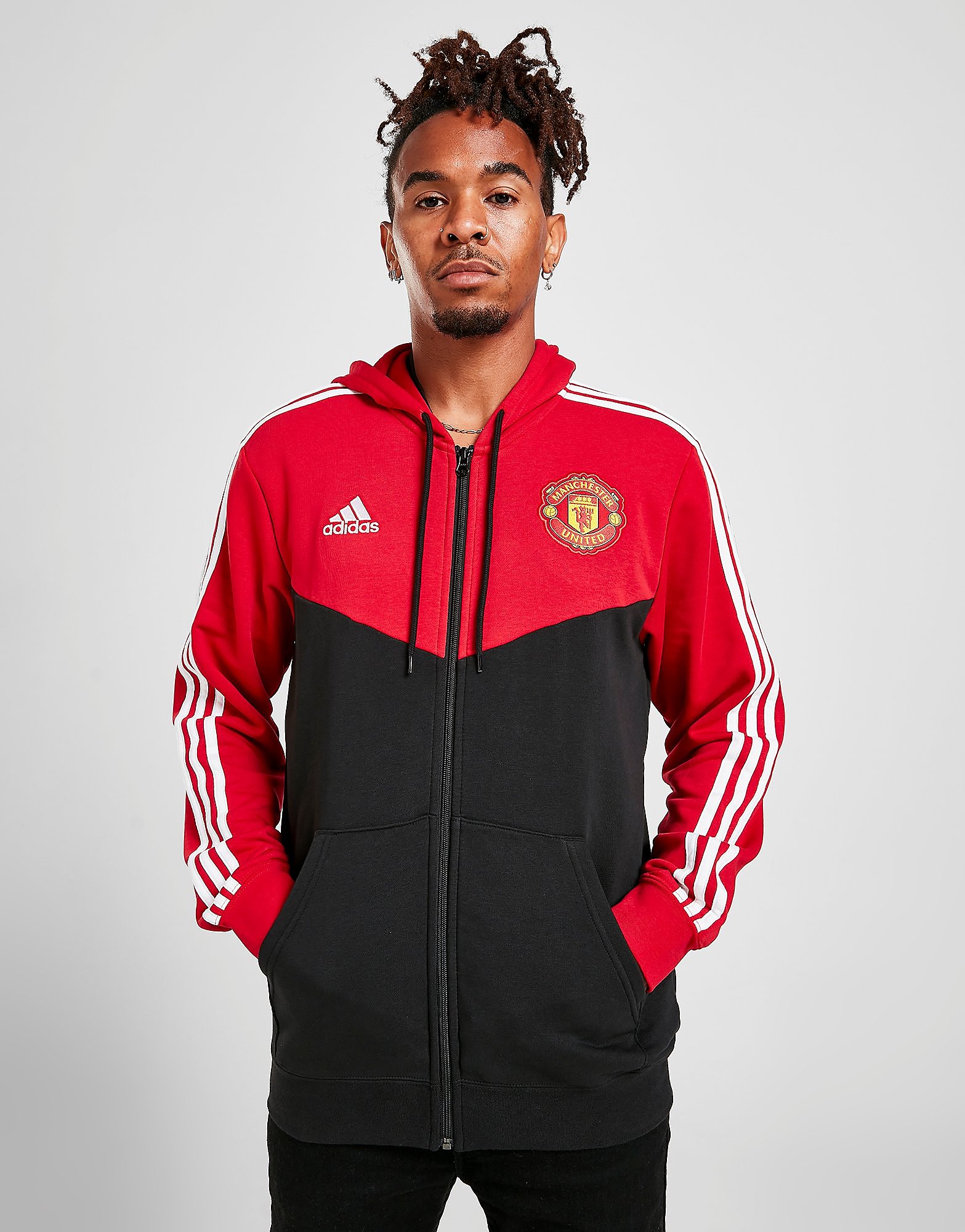 

adidas Manchester United FC 3-Stripes Full Zip Hoodie - Real Red / Black - Mens, Real Red / Black