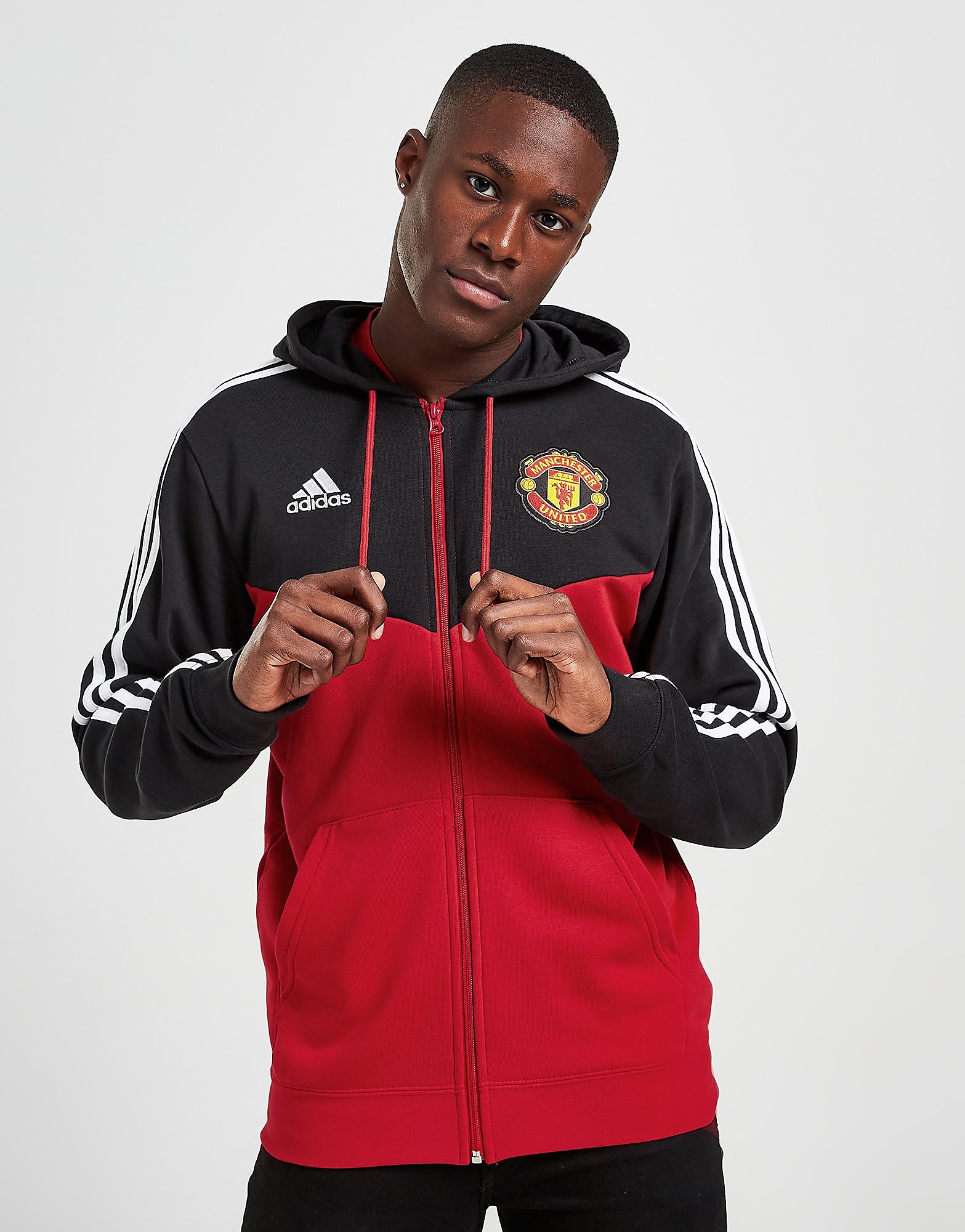 

adidas Manchester United FC 3-Stripes Full Zip Hoodie - Black / Real Red - Mens, Black / Real Red