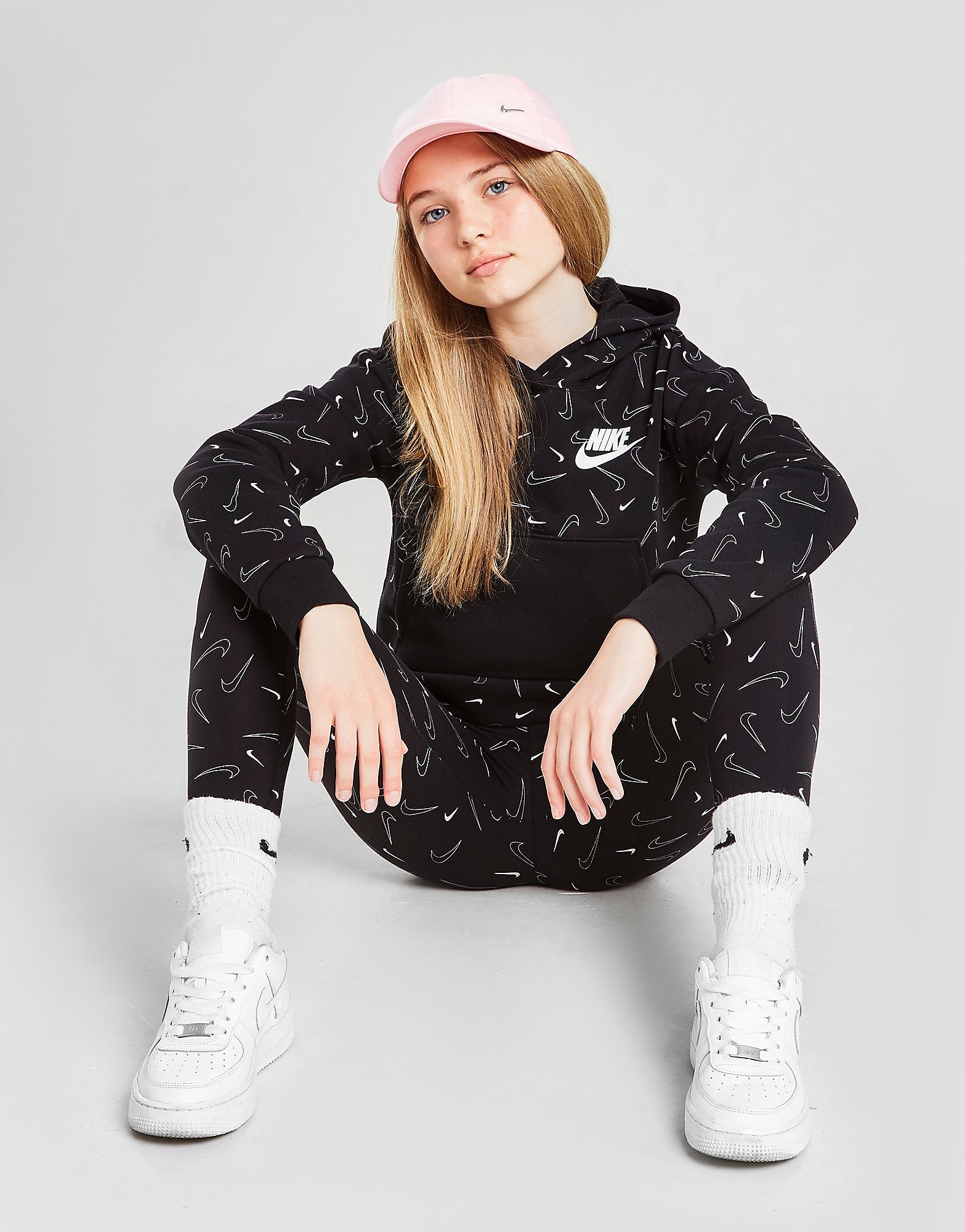 

Nike Girls' All Over Swoosh Print Hoodie Junior - Black/White - Kids, Black/White