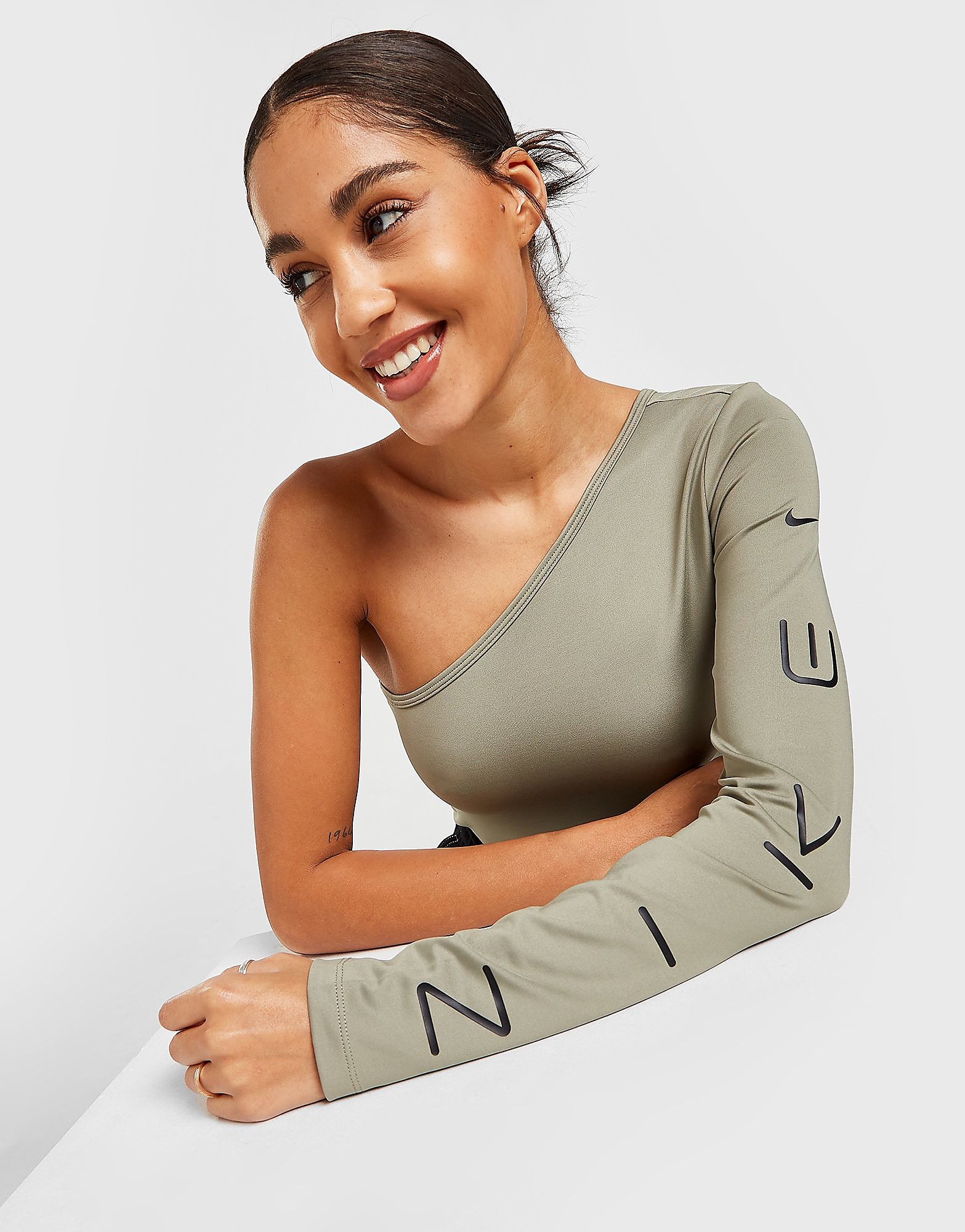 Nike Long Sleeve Asymmetrical Top - Light Army/Black - Womens, Light Army/Black