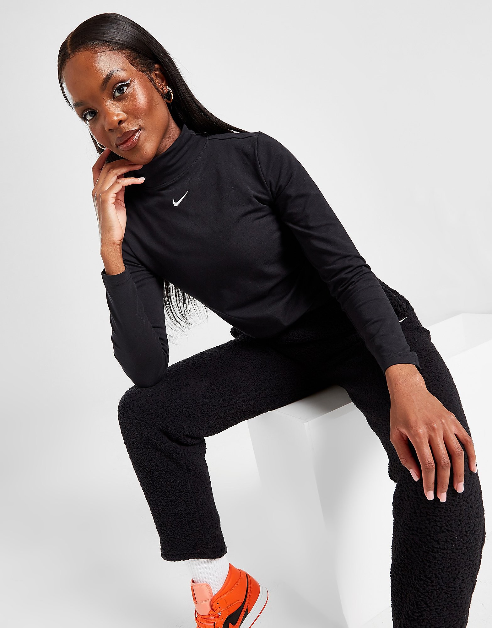 Nike Essential Long-Sleeve Mock Neck Top - Black/White - Womens, Black/White