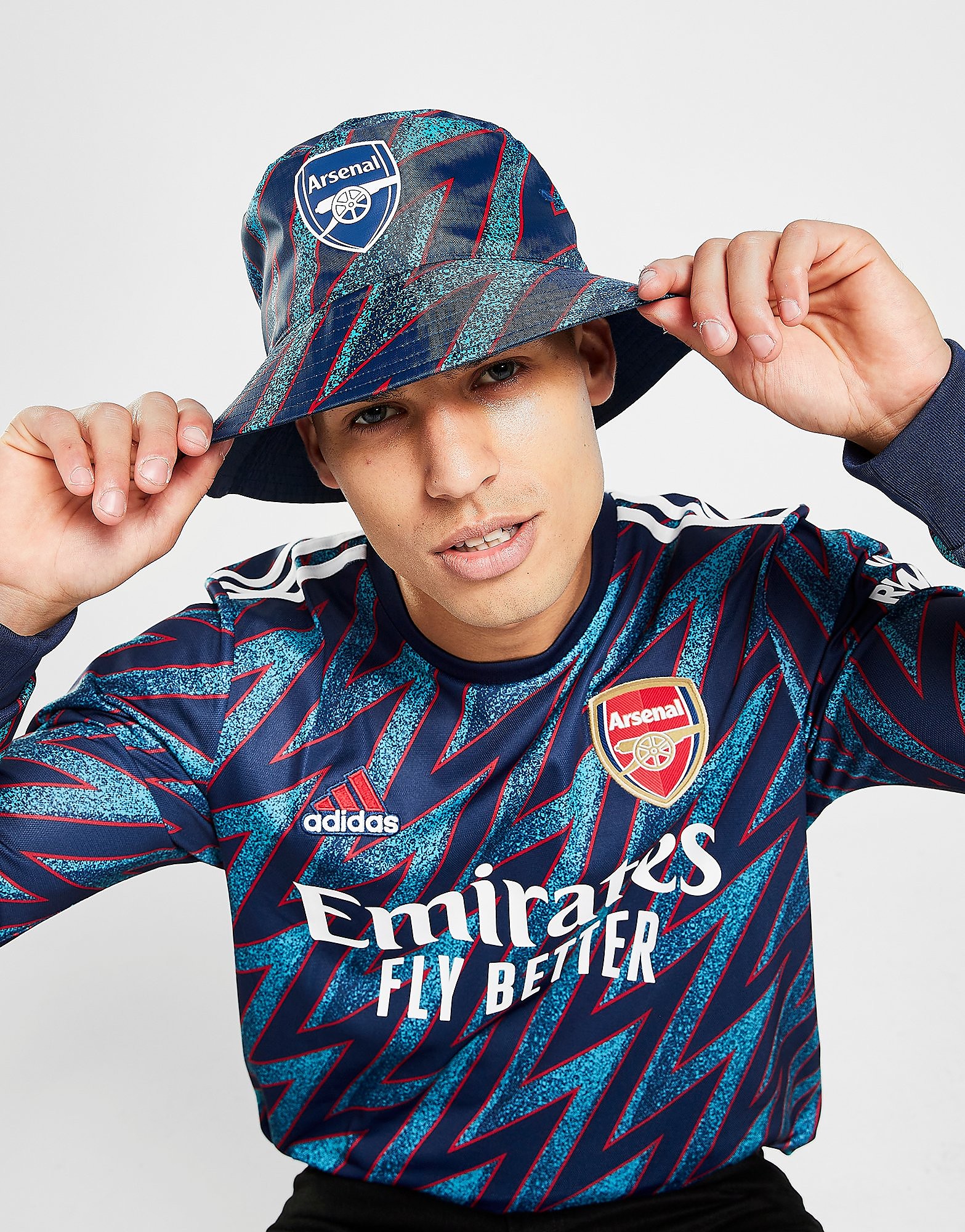 

adidas Arsenal FC 2021 Bucket Hat - Mystery Blue / Signal Cyan / Scarlet - Womens, Mystery Blue / Signal Cyan / Scarlet