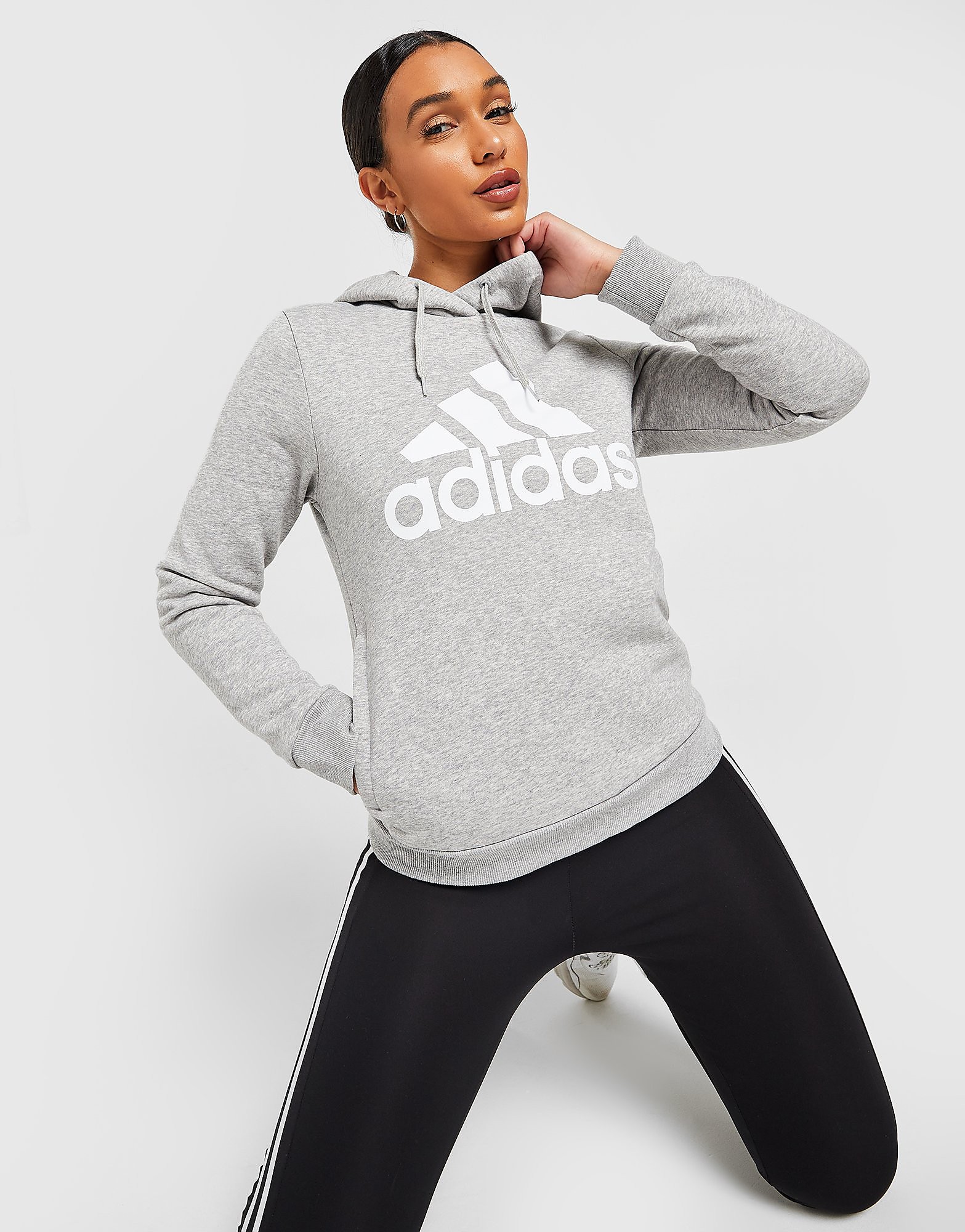 

adidas Core Linear Overhead Hoodie - Medium Grey Heather / White - Womens, Medium Grey Heather / White