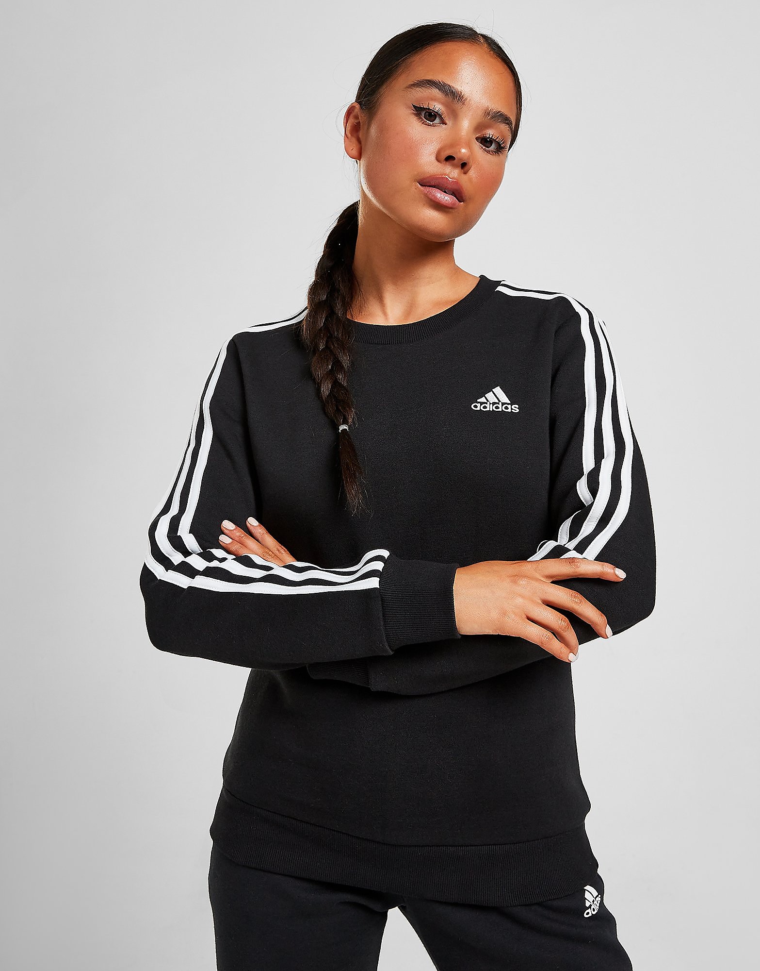 

adidas Core 3-Stripes Crew Sweatshirt - Black / White - Womens, Black / White