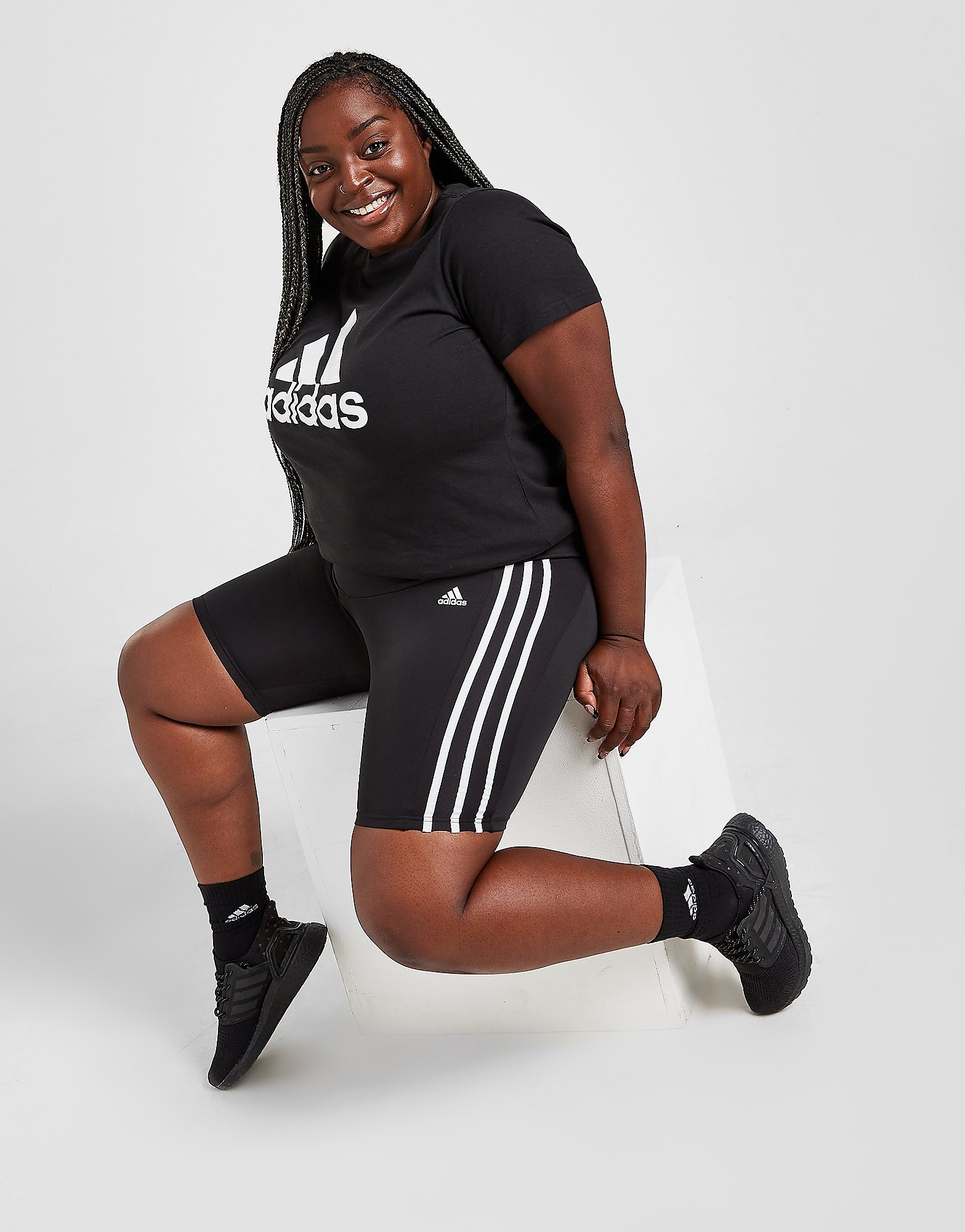 

adidas 3-Stripes Plus Size Cycle Shorts - Black / White - Womens, Black / White