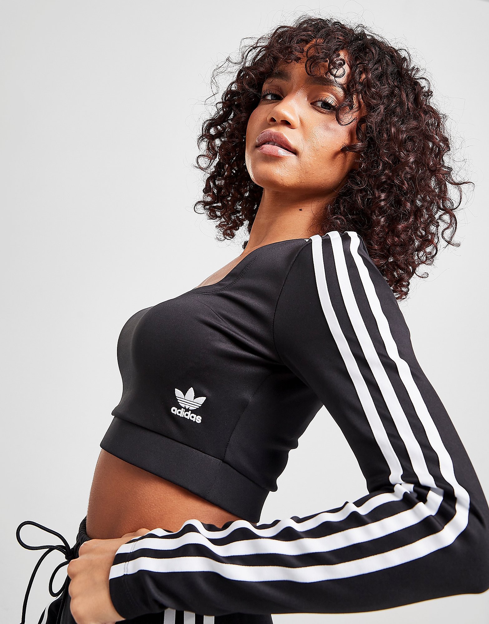 

adidas Originals 3-Stripes Long Sleeve Crop Top - Black - Womens, Black