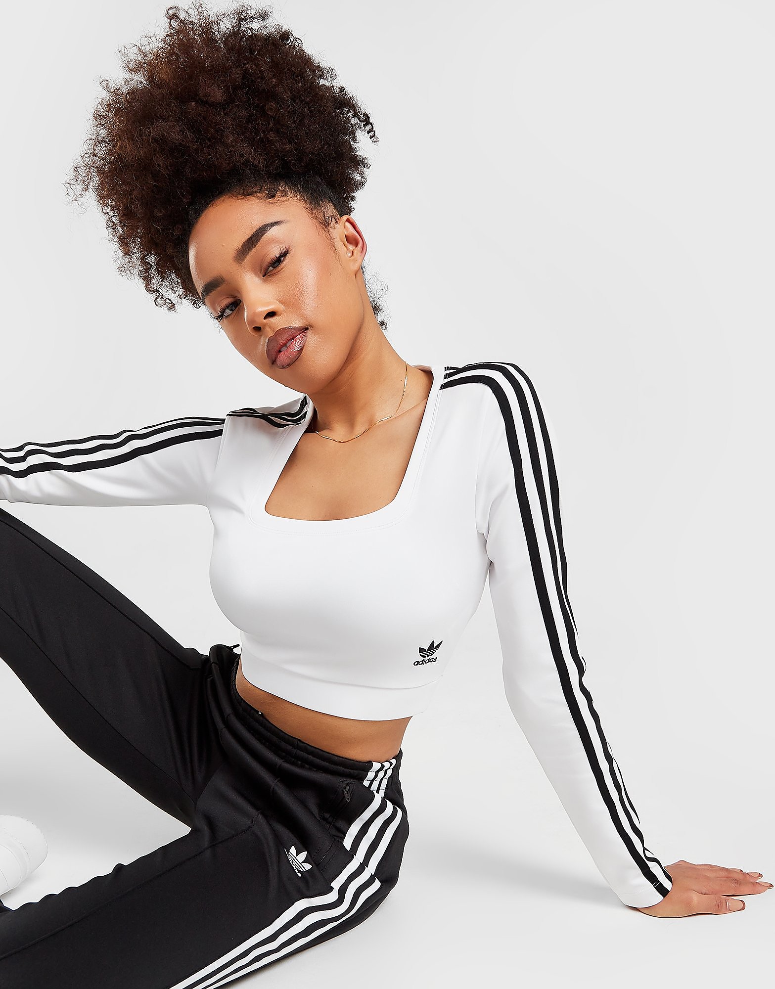 

adidas Originals 3-Stripes Long Sleeve Crop Top - White - Womens, White