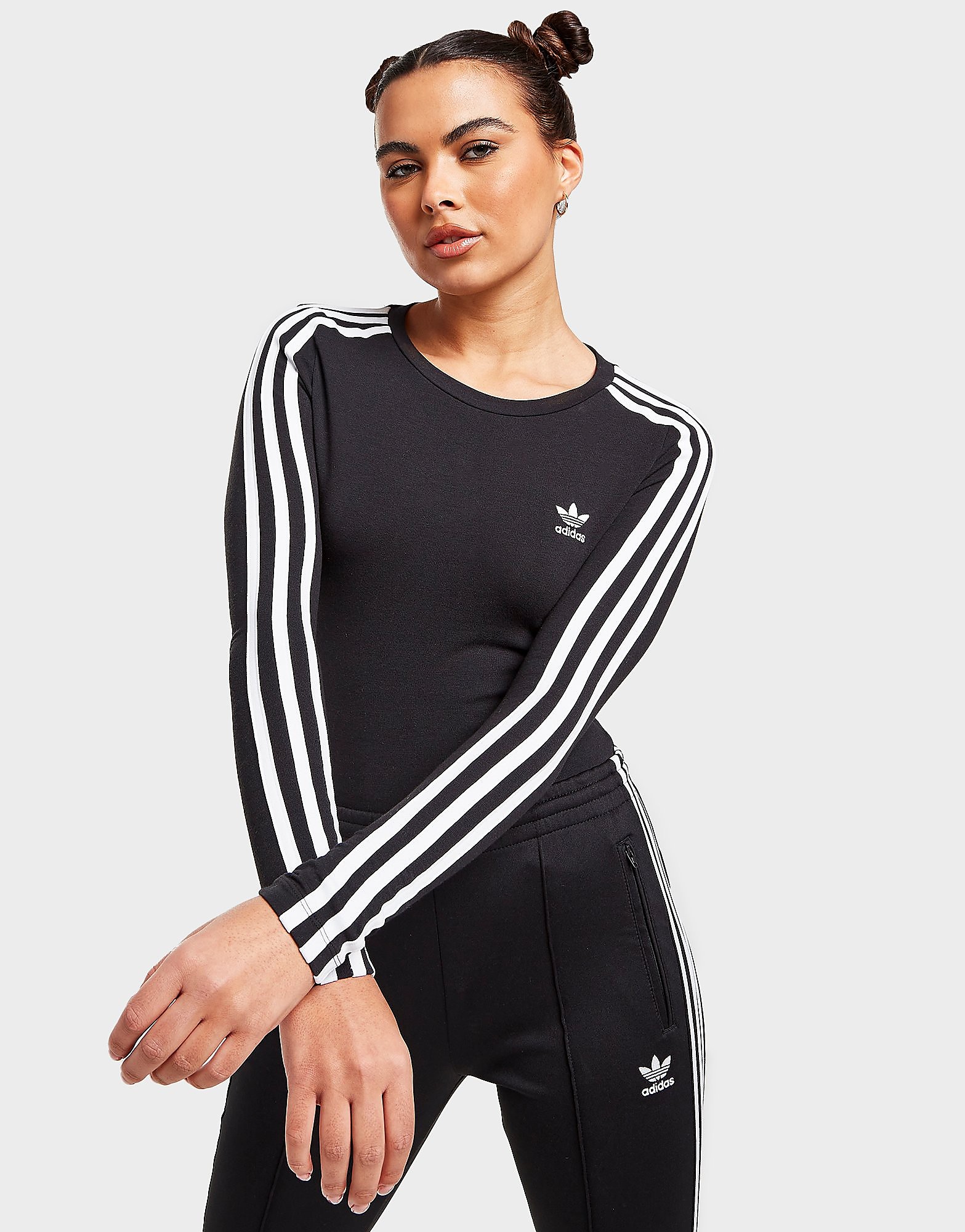 

adidas Originals 3-Stripes Long Sleeve Bodysuit - Black - Womens, Black