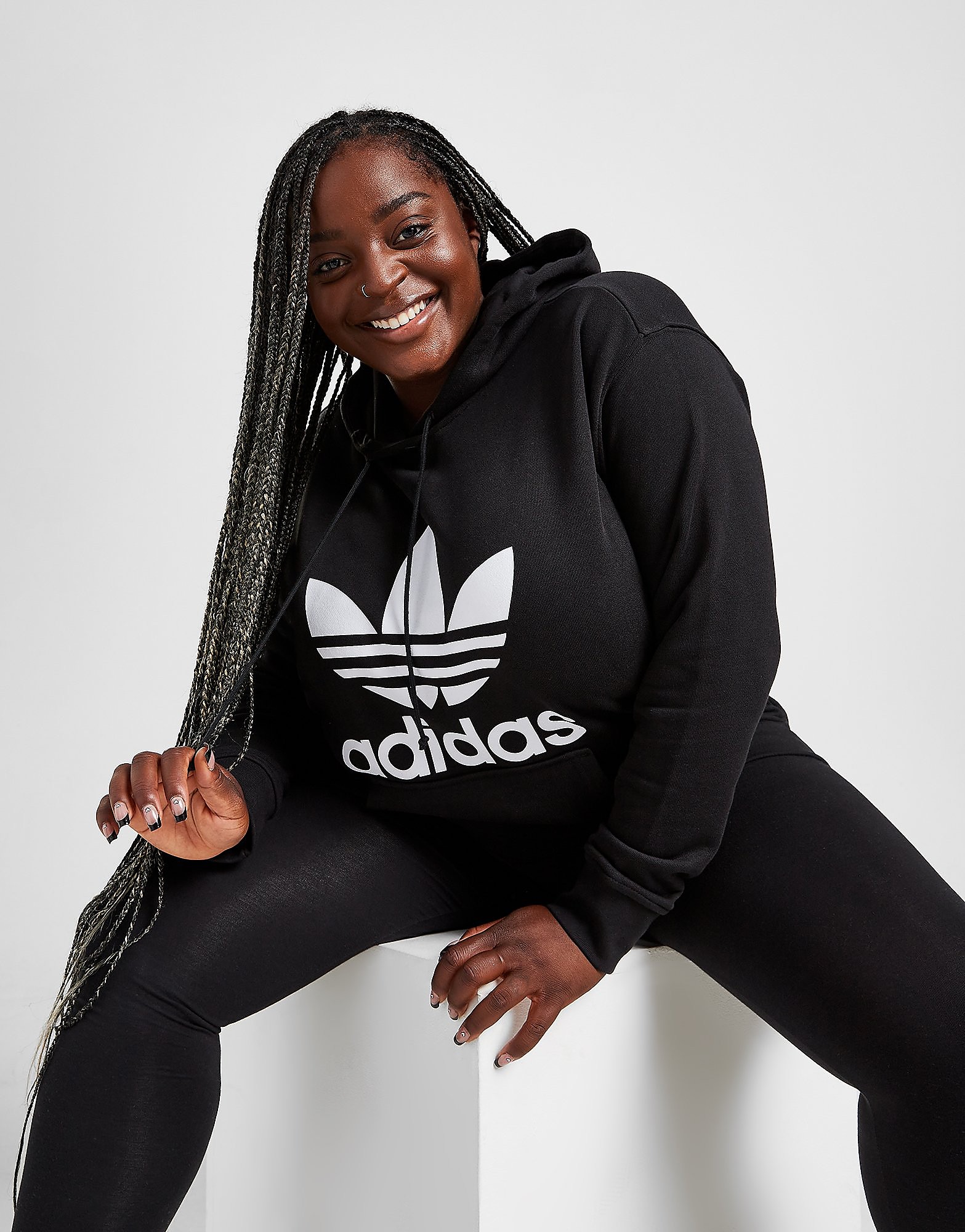 

adidas Originals Plus Size Overhead Trefoil Hoodie - Black / White - Womens, Black / White
