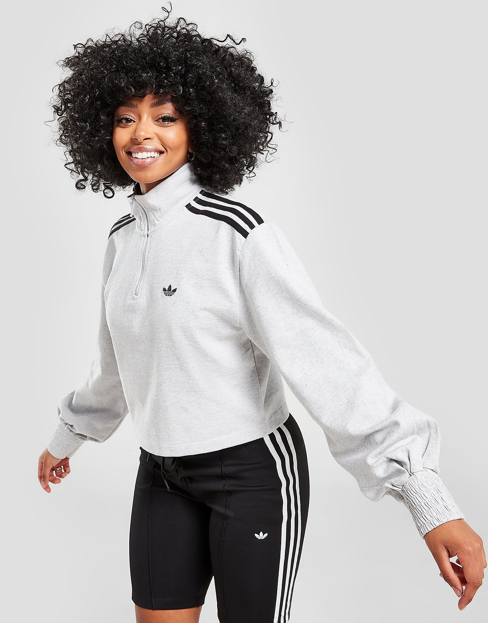 

adidas Originals 3-Stripes 1/4 Zip Crop Top - Grey - Womens, Grey