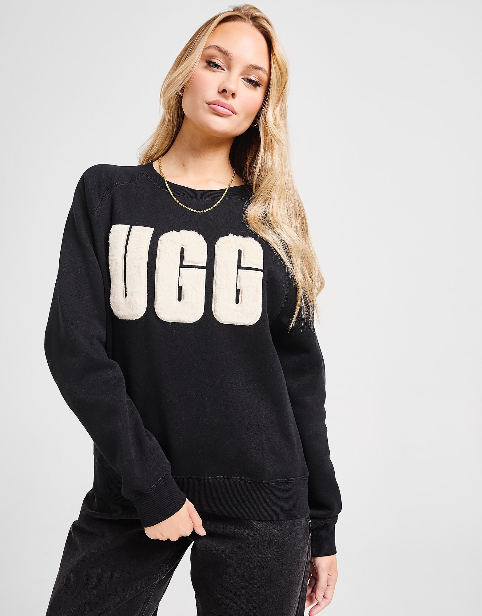 UGG Fuzzy Logo Crew Sweatshirt - Black - Womens, Black