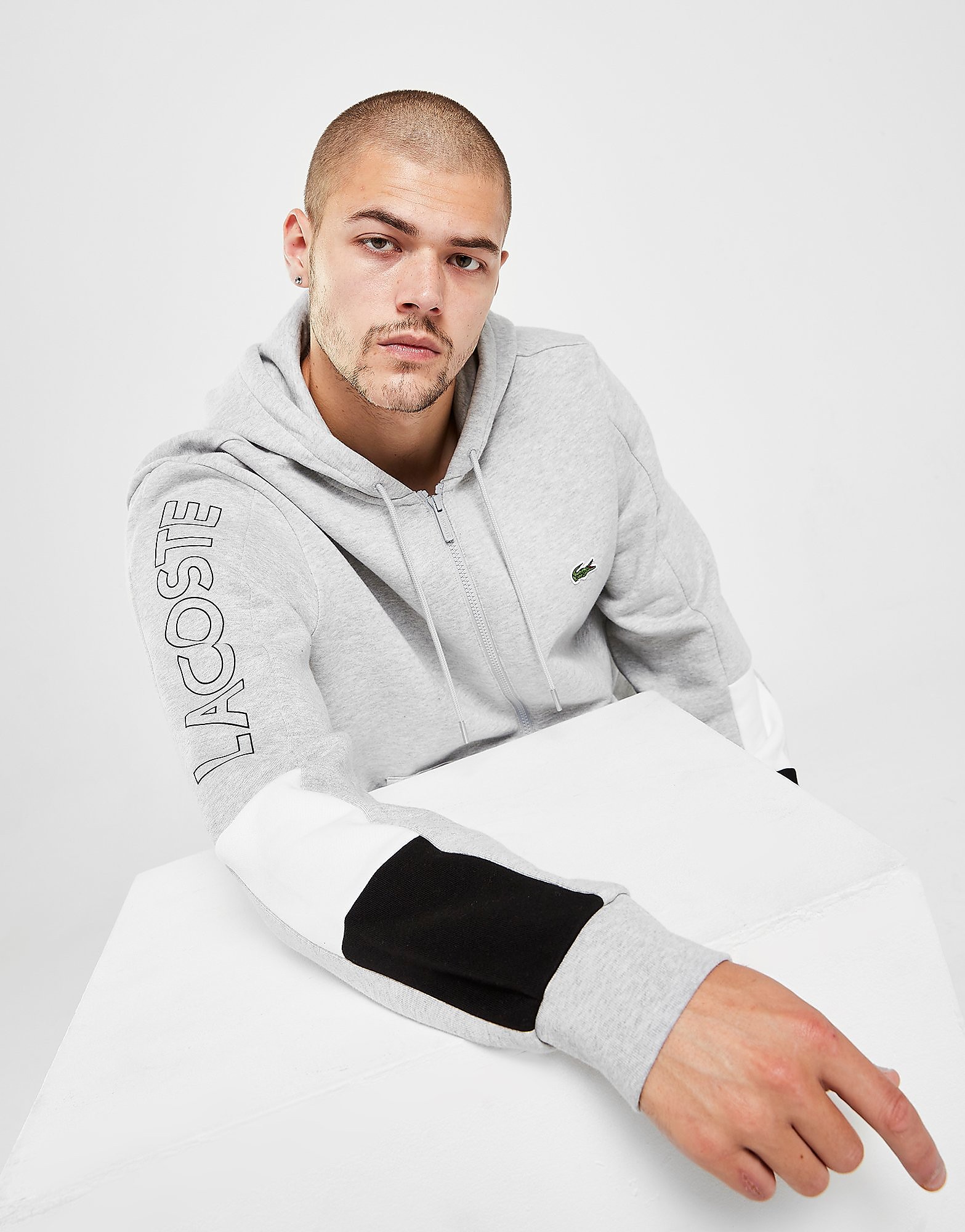 Lacoste Colour Block Linear Logo Full Zip Hoodie - Grey - Mens, Grey