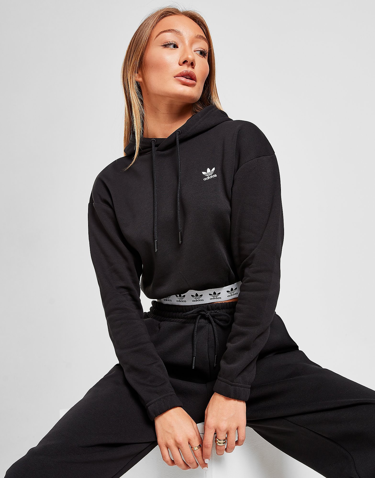 

adidas Originals Trefoil Tape Crop Hoodie - Only at JD - Black - Womens, Black