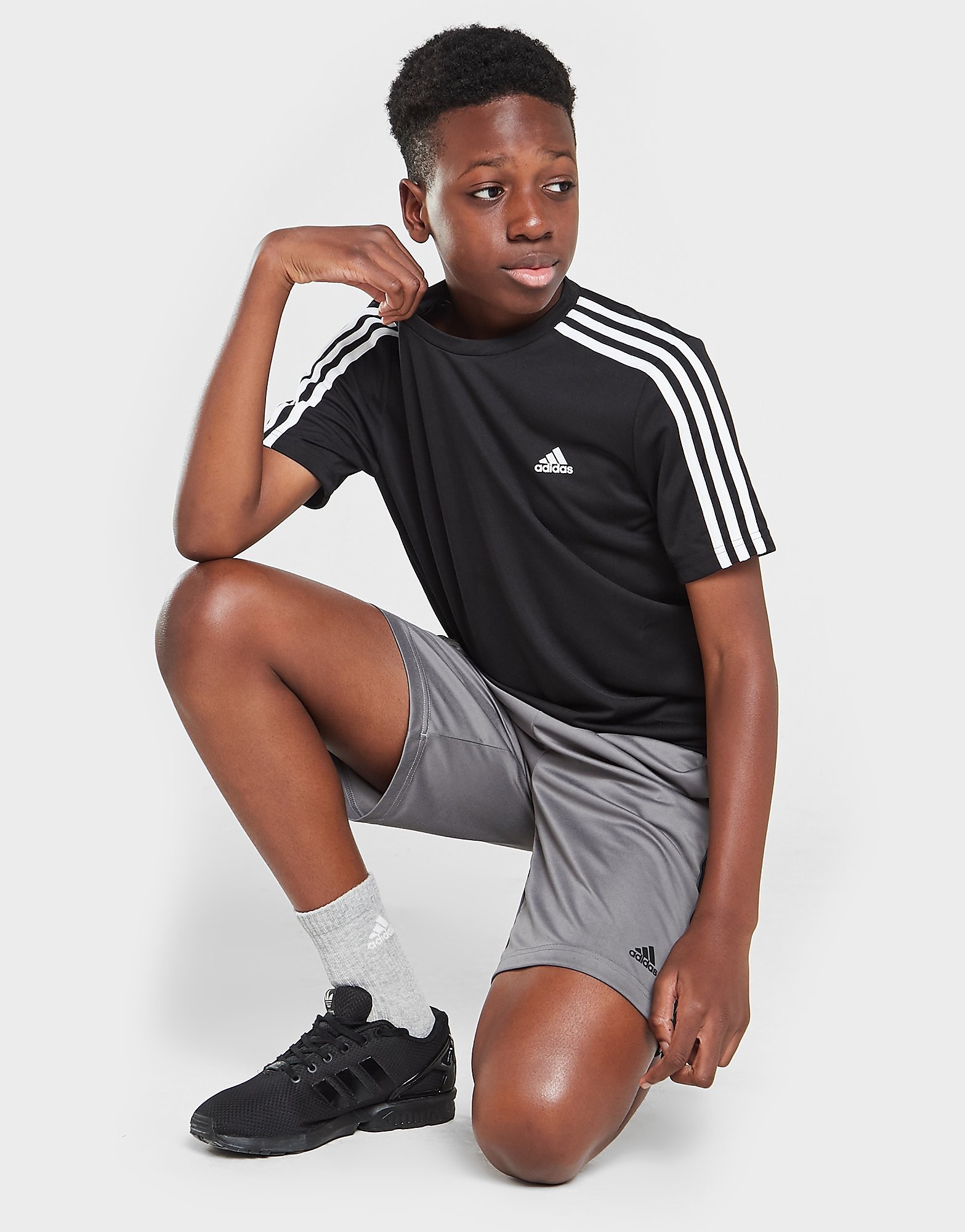

adidas 3-Stripes T-Shirt/Shorts Set Junior - Only at JD - Black/Grey - Kids, Black/Grey