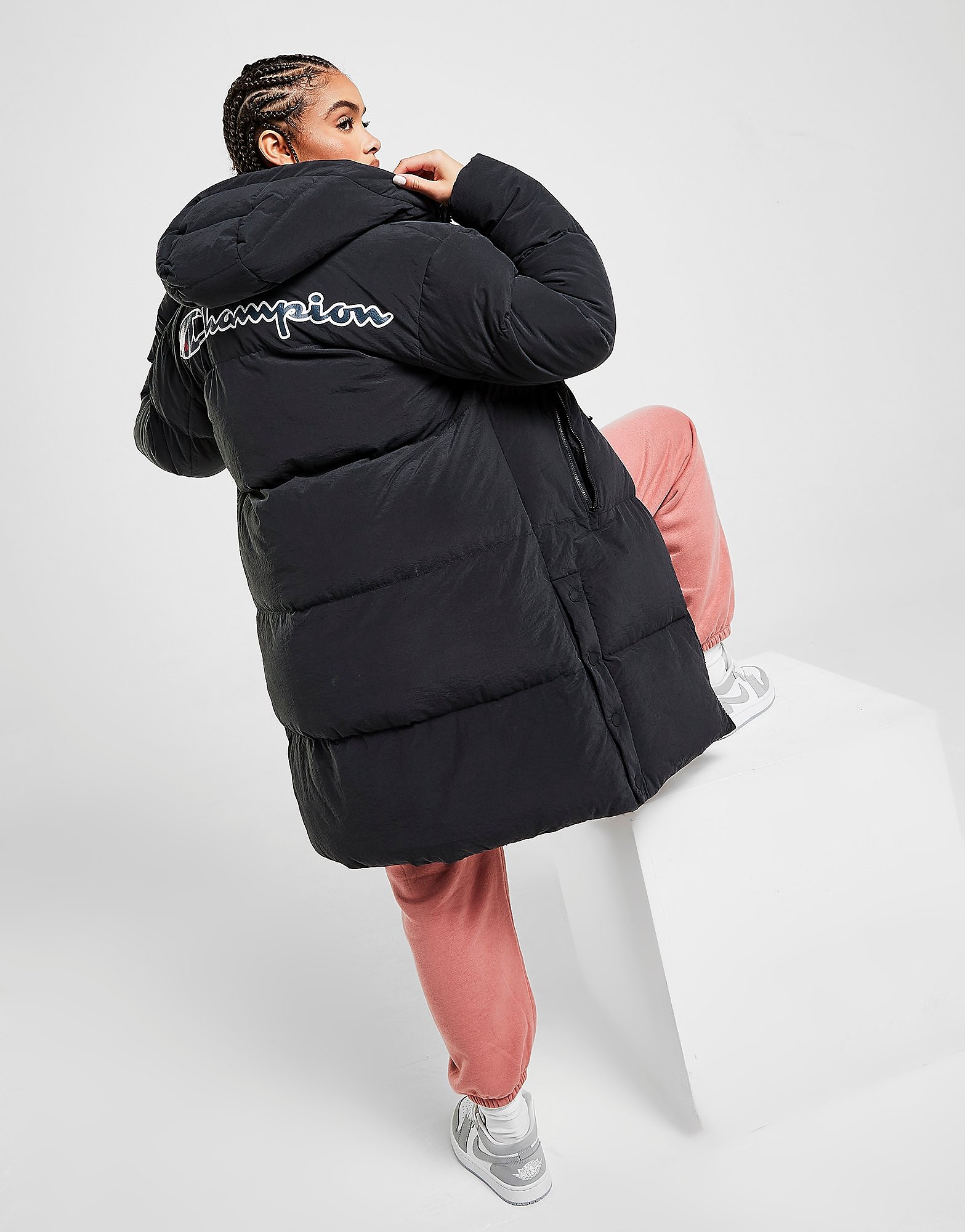 

Champion Script Logo Long Padded Jacket - Black - Womens, Black