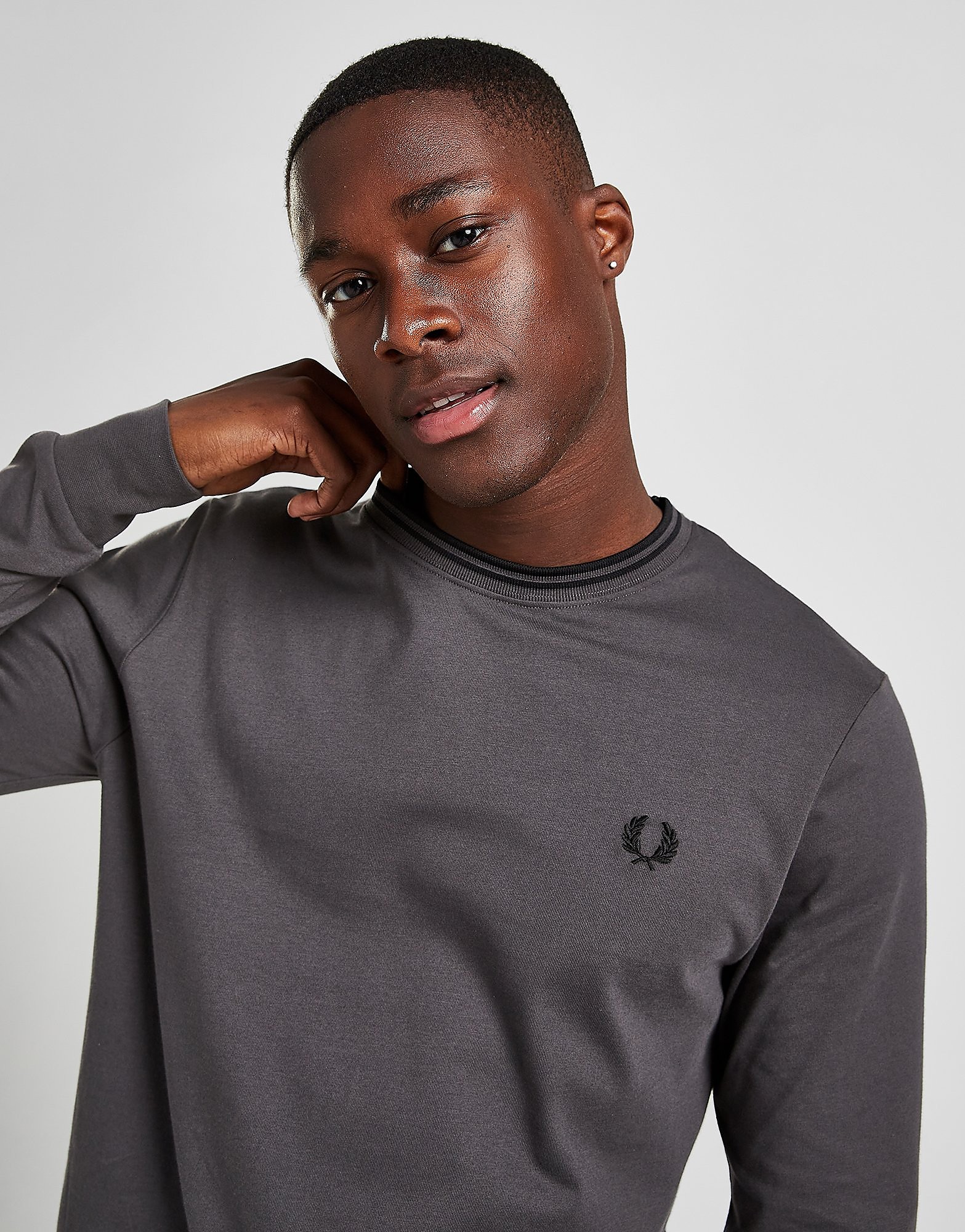 Fred Perry Twin Tip Long Sleeve T-Shirt - Grey - Mens, Grey
