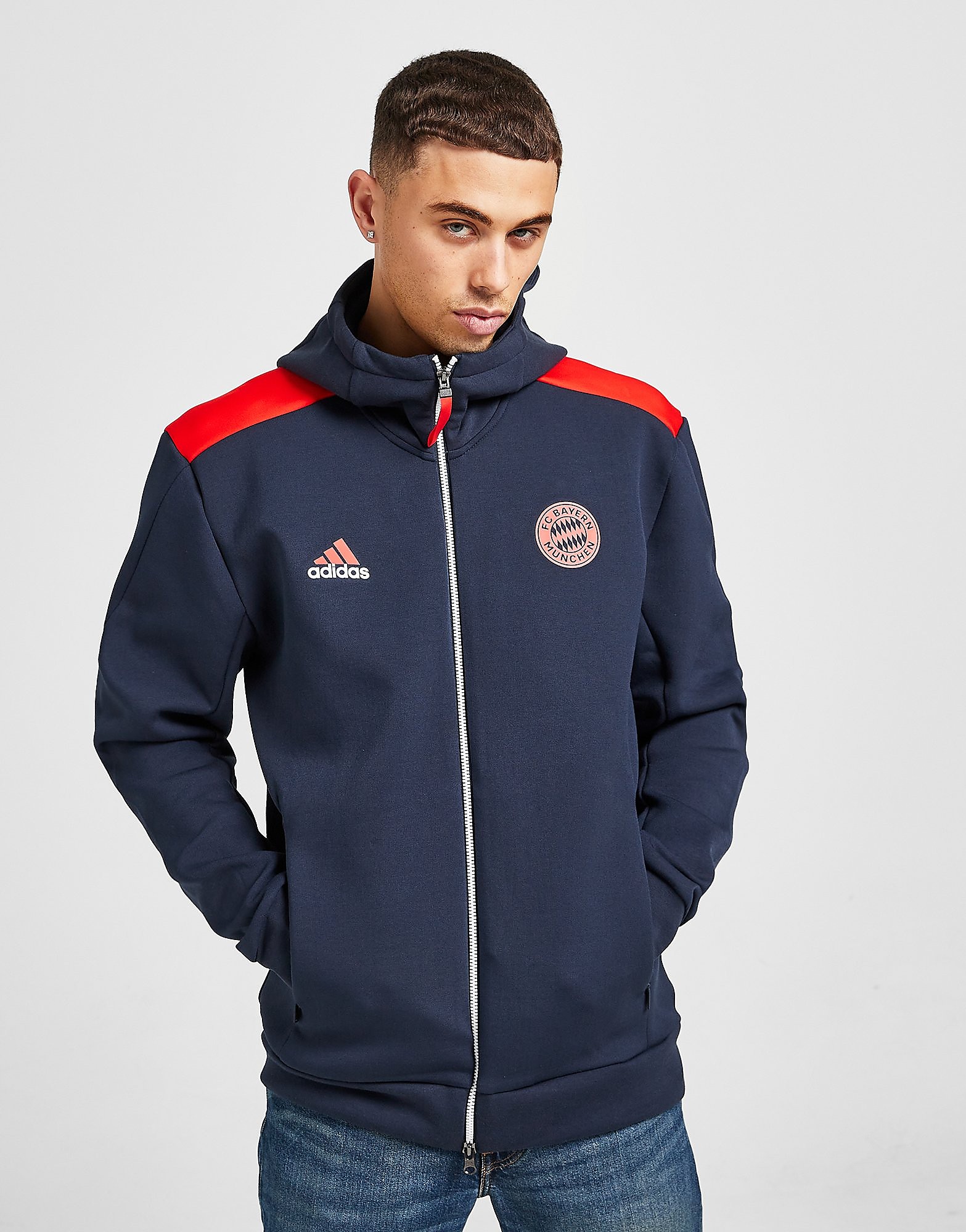

adidas FC Bayern Munich Z.N.E Hoodie - Night Navy / Active Red - Mens, Night Navy / Active Red