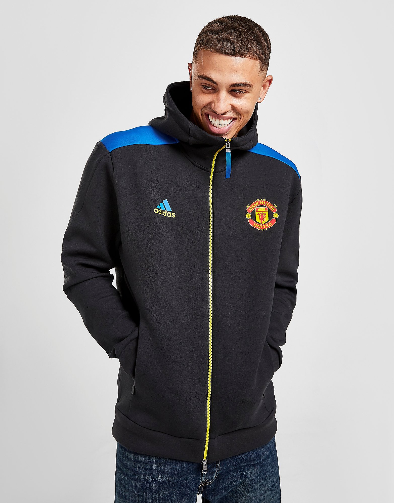 

adidas Manhester United FC Z.N.E. Hoodie - Black / Glow Blue - Mens, Black / Glow Blue