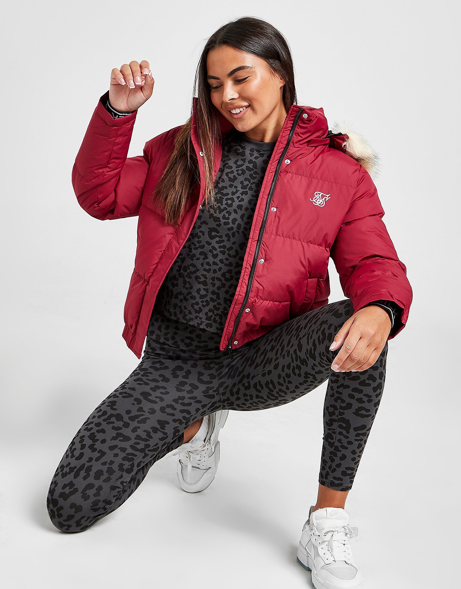 SikSilk Fur Padded Jacket - Red - Womens, Red