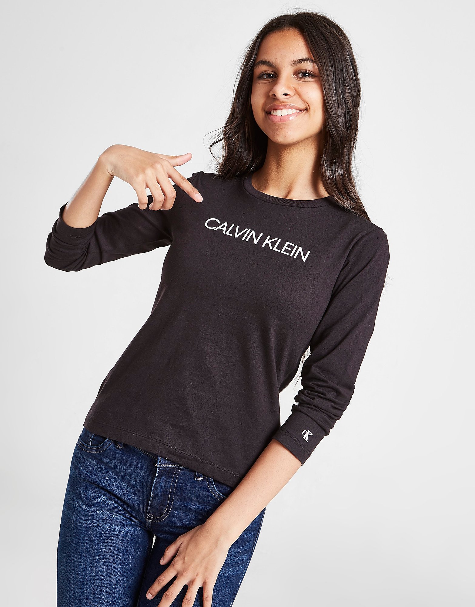 

Calvin Klein Girls' Logo Slim Long Sleeve T-Shirt Junior - Black - Kids, Black