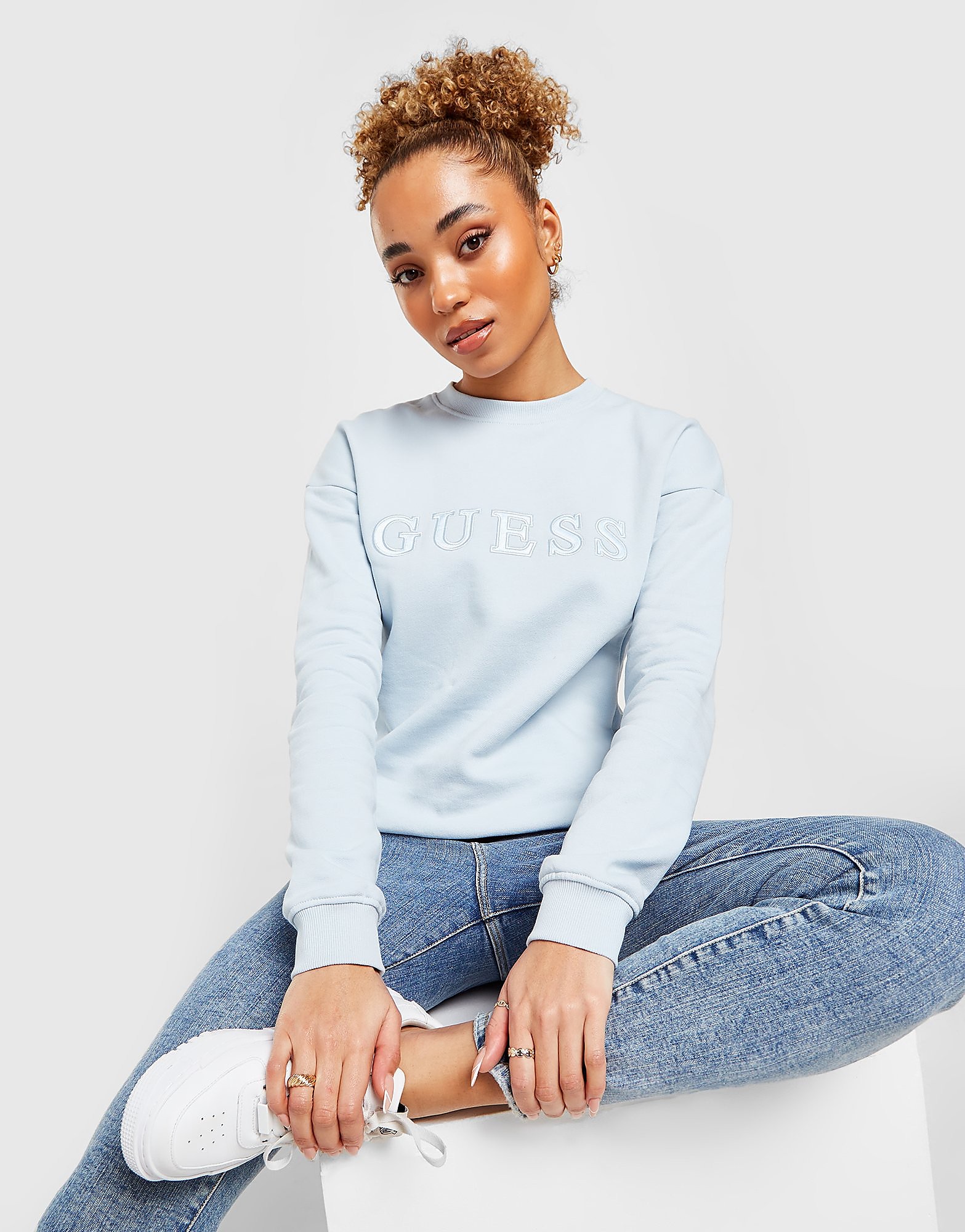 

GUESS Satin Logo Crew Sweatshirt - Blue - Womens, Blue