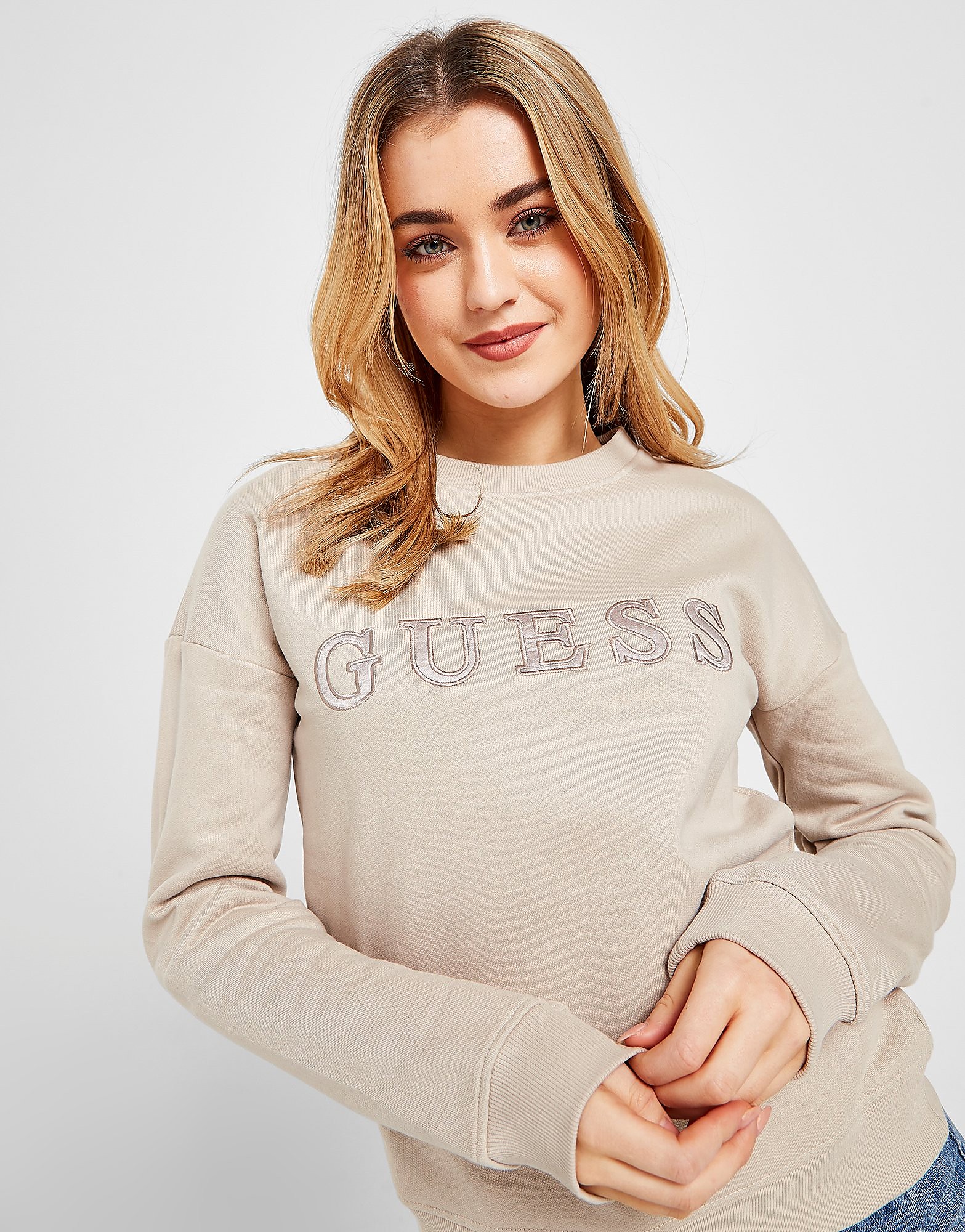 

GUESS Satin Logo Crew Sweatshirt - Brown - Womens, Brown