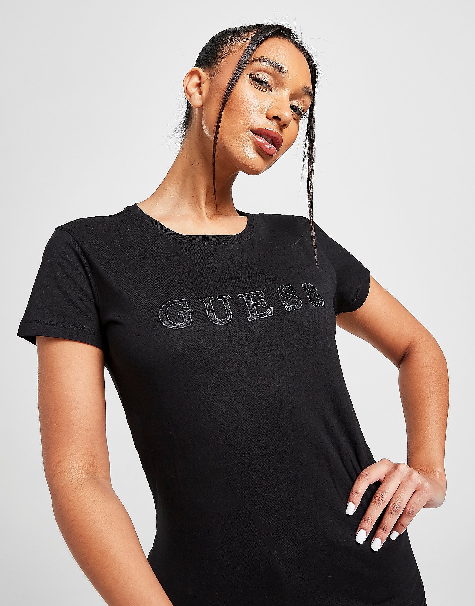 

GUESS Satin Logo T-Shirt - Black - Womens, Black