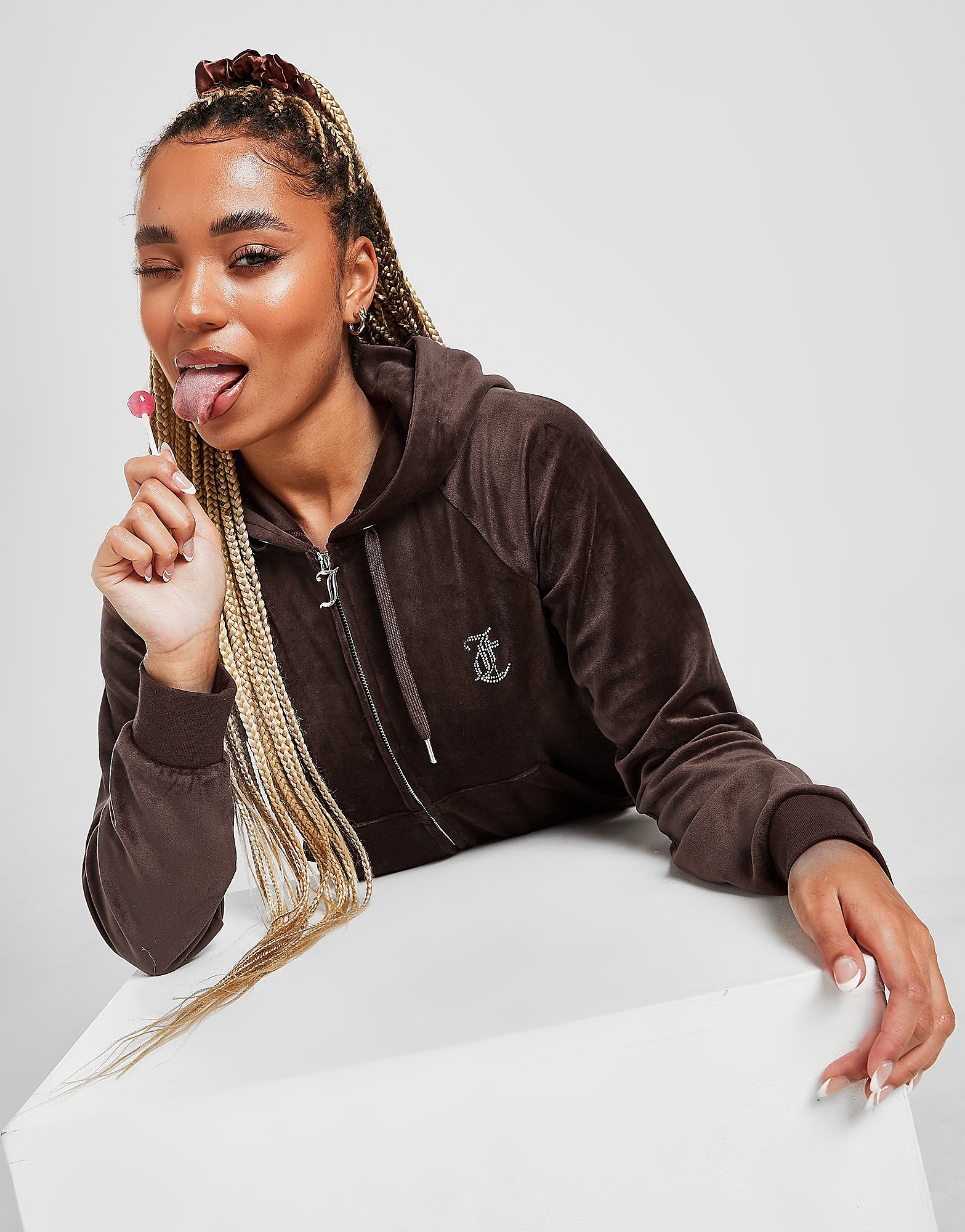 

JUICY COUTURE Diamante Velour Full Zip Hoodie - Brown - Womens, Brown