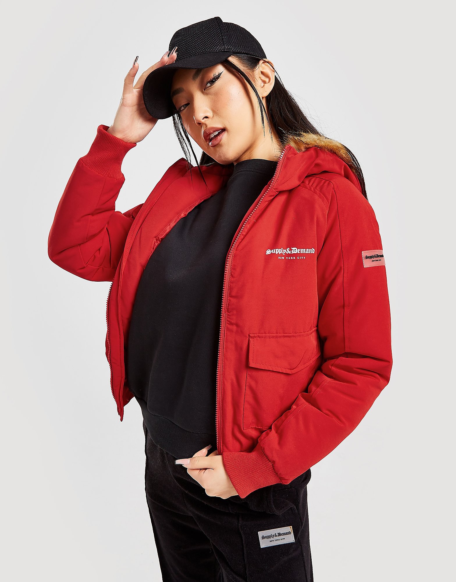 

Supply & Demand Fur Hooded Bomber Jacket - Only at JD - Red - Womens, Red