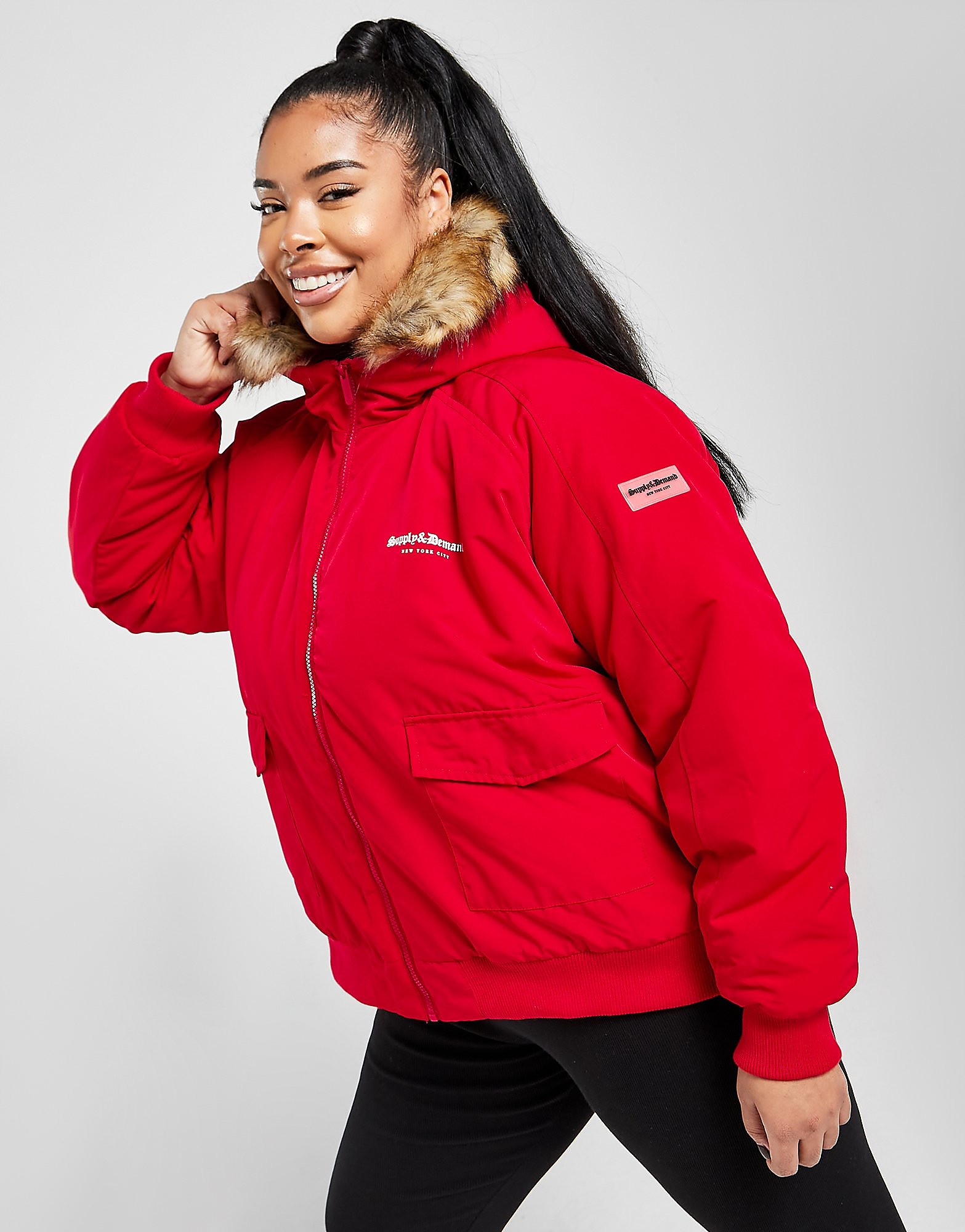 Supply & Demand Plus Size Fur Hood Bomber Jacket - Only at JD - Red - Womens, Red