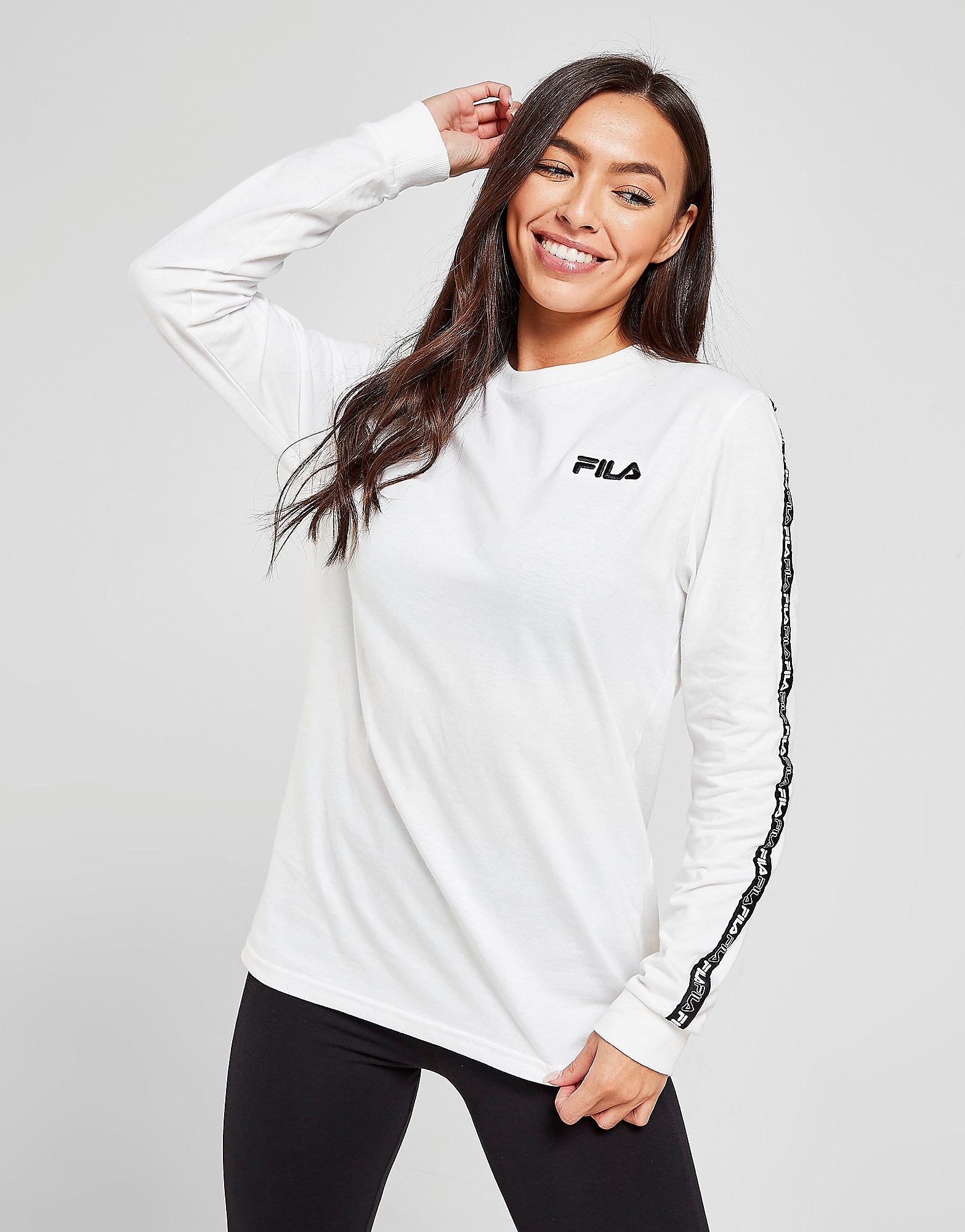 Fila Tape Long Sleeve Boyfriend T-Shirt - Only at JD - White - Womens, White
