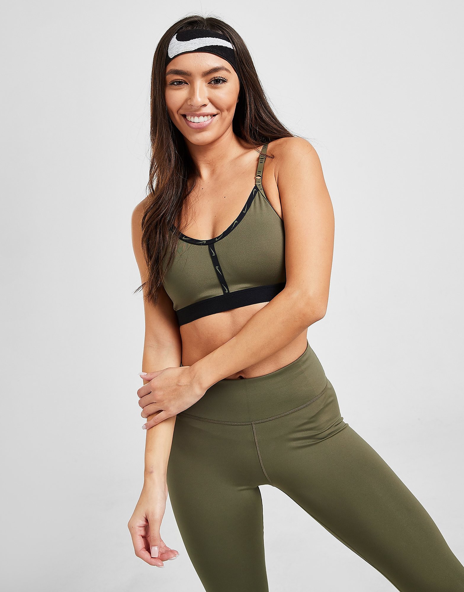 

Nike Training Indy Logo Sports Bra - Medium Olive/Black/White - Womens, Medium Olive/Black/White