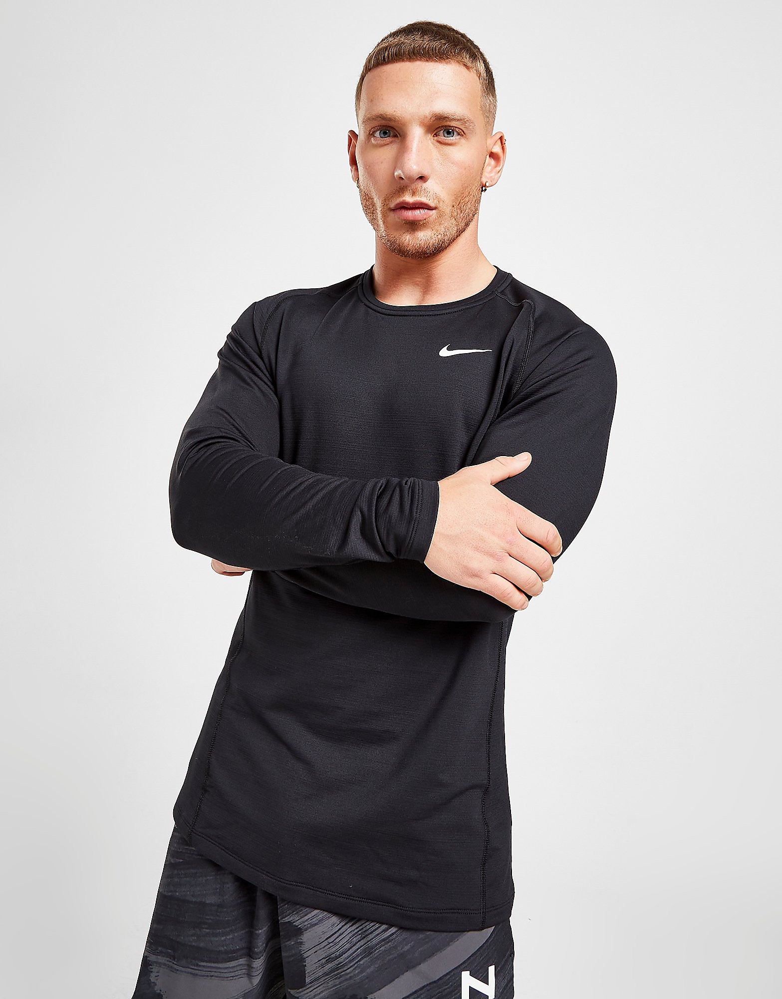 Nike Pro Warm Long Sleeve Top - Black/White - Mens, Black/White