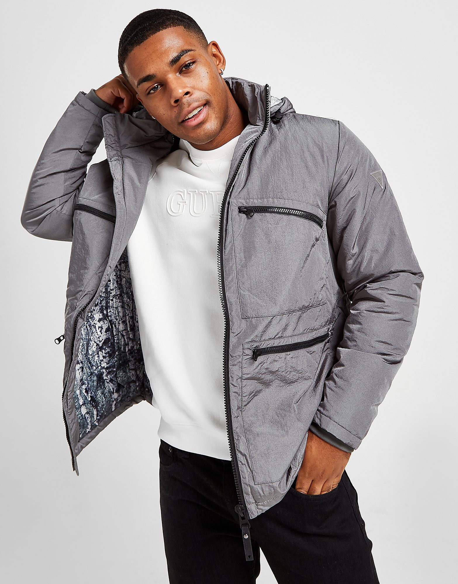 

GUESS Crinkle Parka Jacket - Grey - Mens, Grey