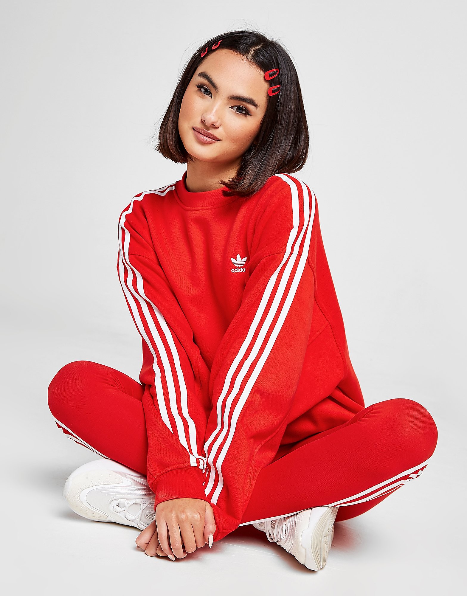 adidas Originals 3-Stripes Oversized Crew Sweatshirt - Red - Womens, Red