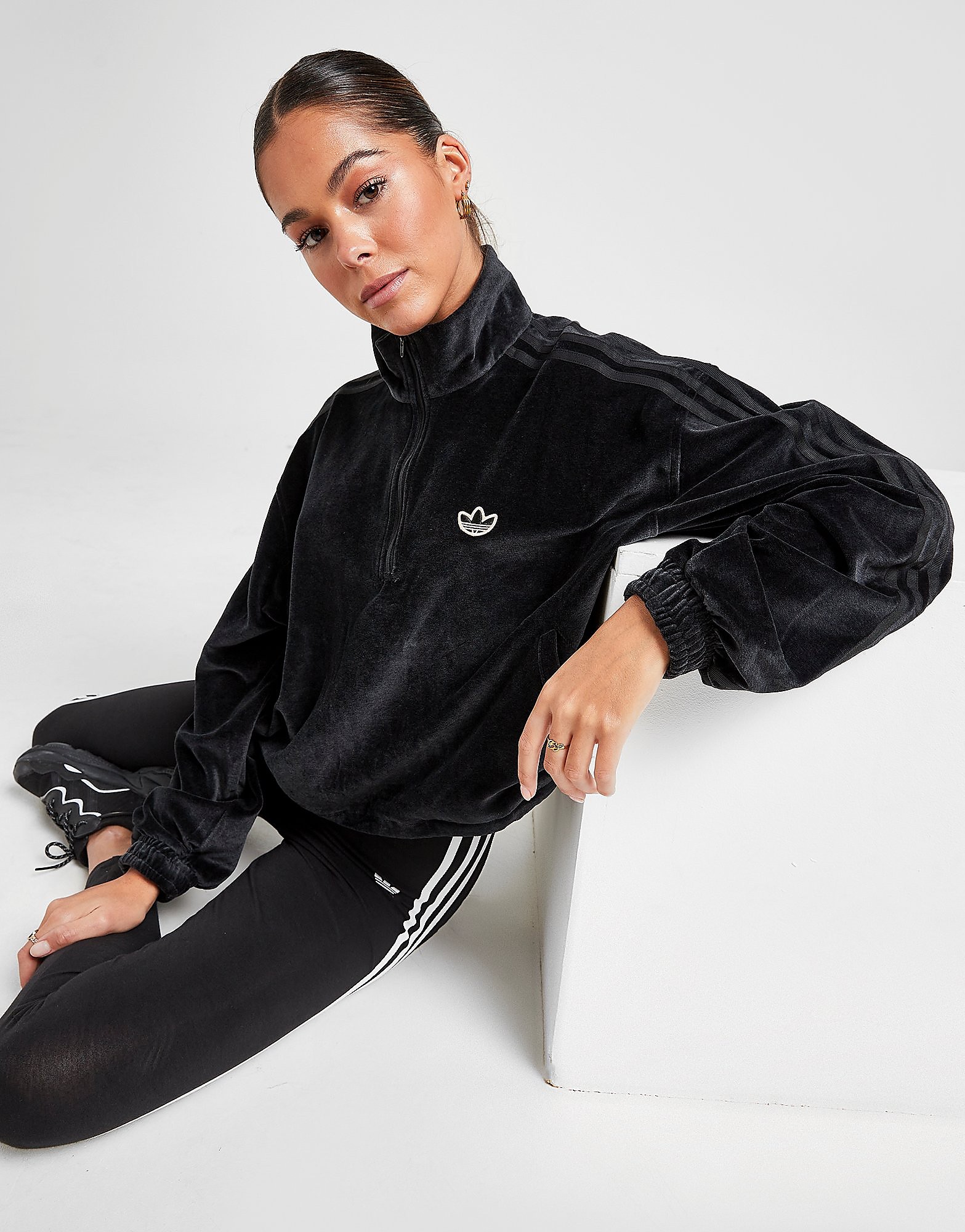 

adidas Originals Velour 1/4 Zip Top - Black - Womens, Black