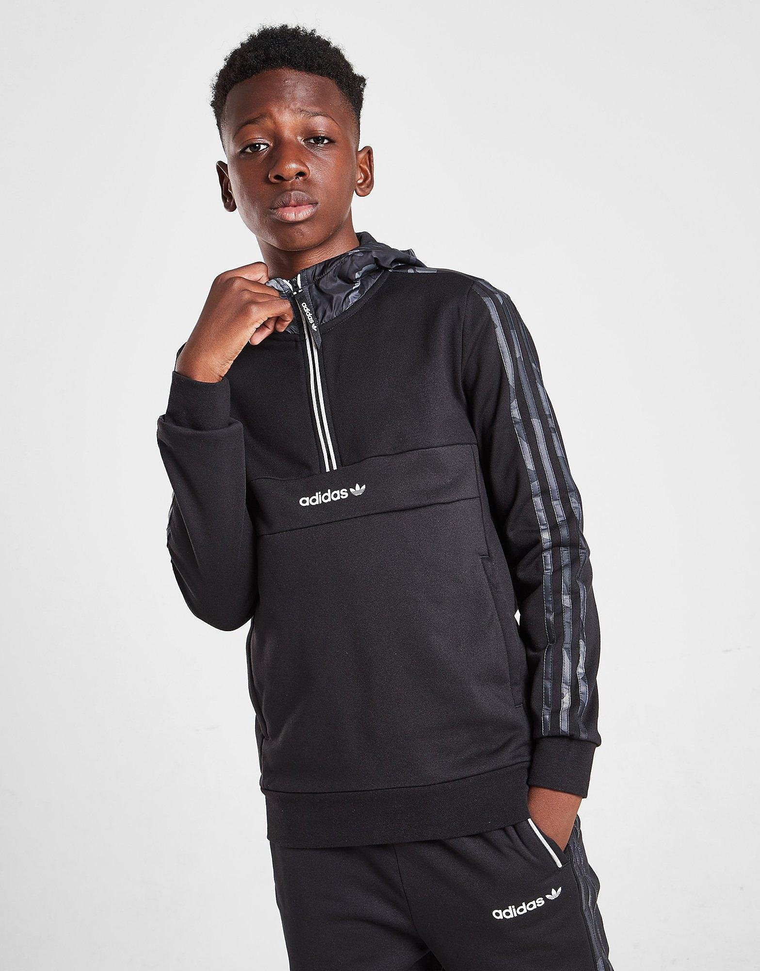adidas Originals Camo Mixed Fabric 1/2 Zip Hoodie Junior - Only at JD - Black - Kids, Black
