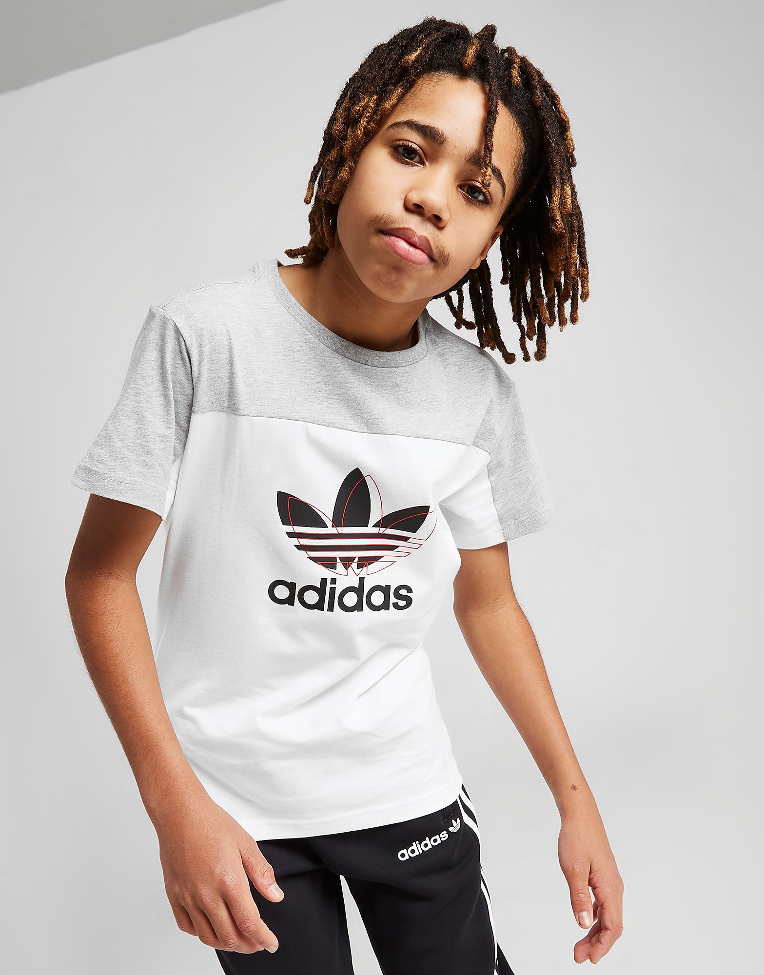 

adidas Originals Colour Block Dual Logo T-Shirt Junior - Only at JD - Grey - Kids, Grey