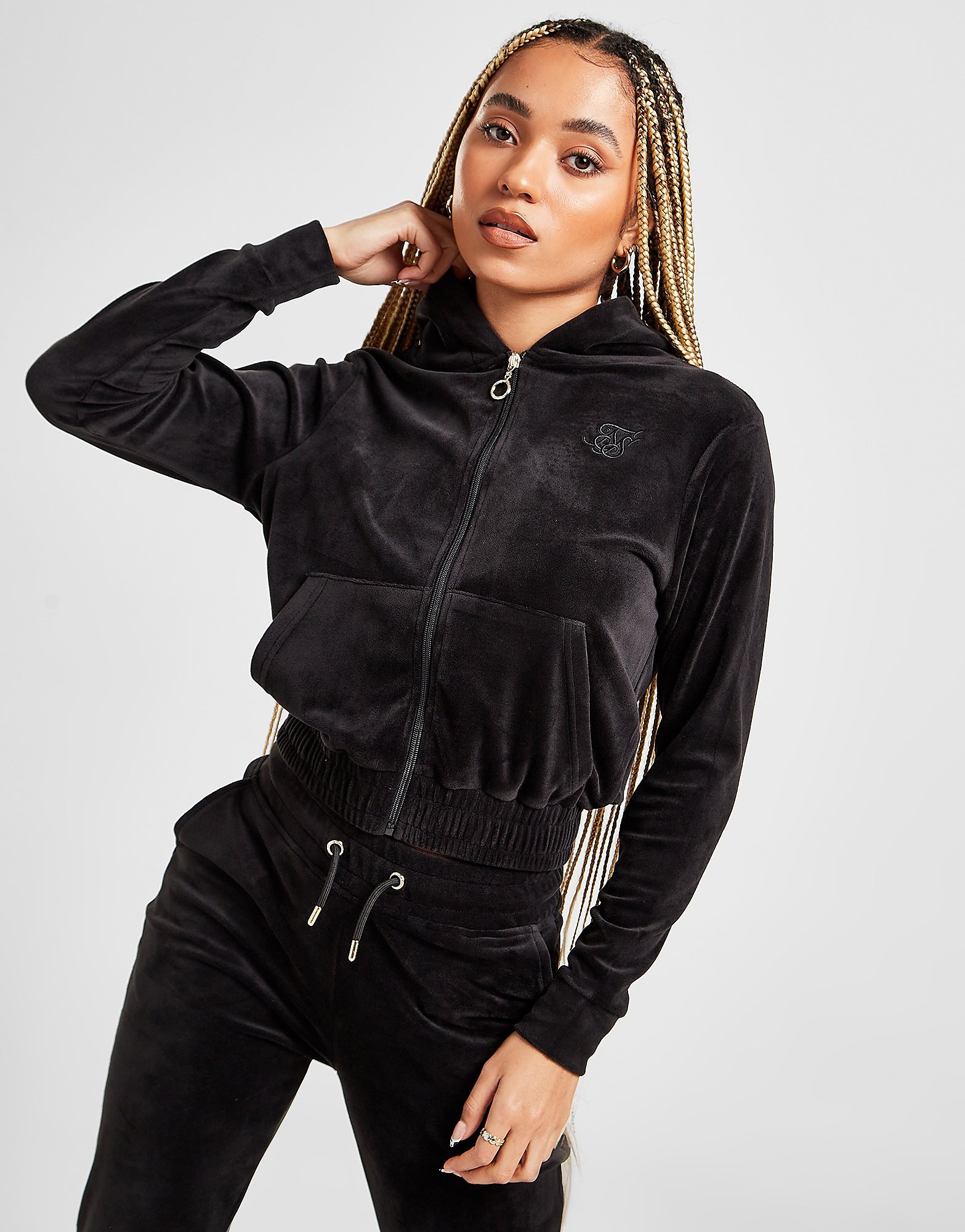 

SikSilk Velour Full Zip Cropped Hoodie - Black - Womens, Black