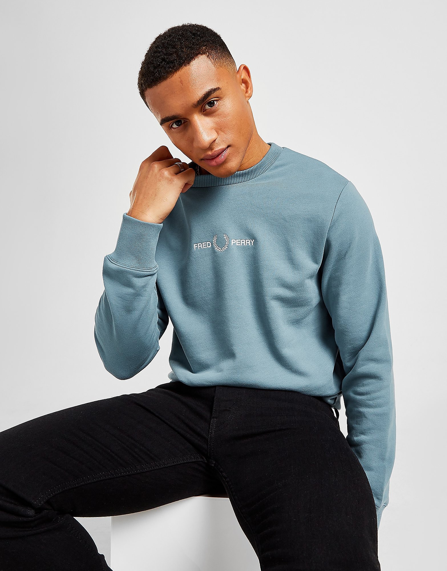 

Fred Perry Central Embroidered Logo Crew Sweatshirt - Blue - Mens, Blue