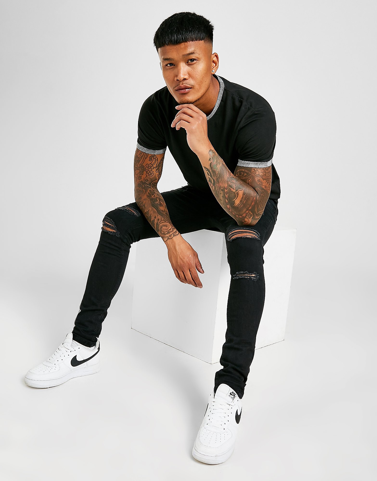 Brave Soul Skinny Heavy Rip Jeans - Black - Mens, Black