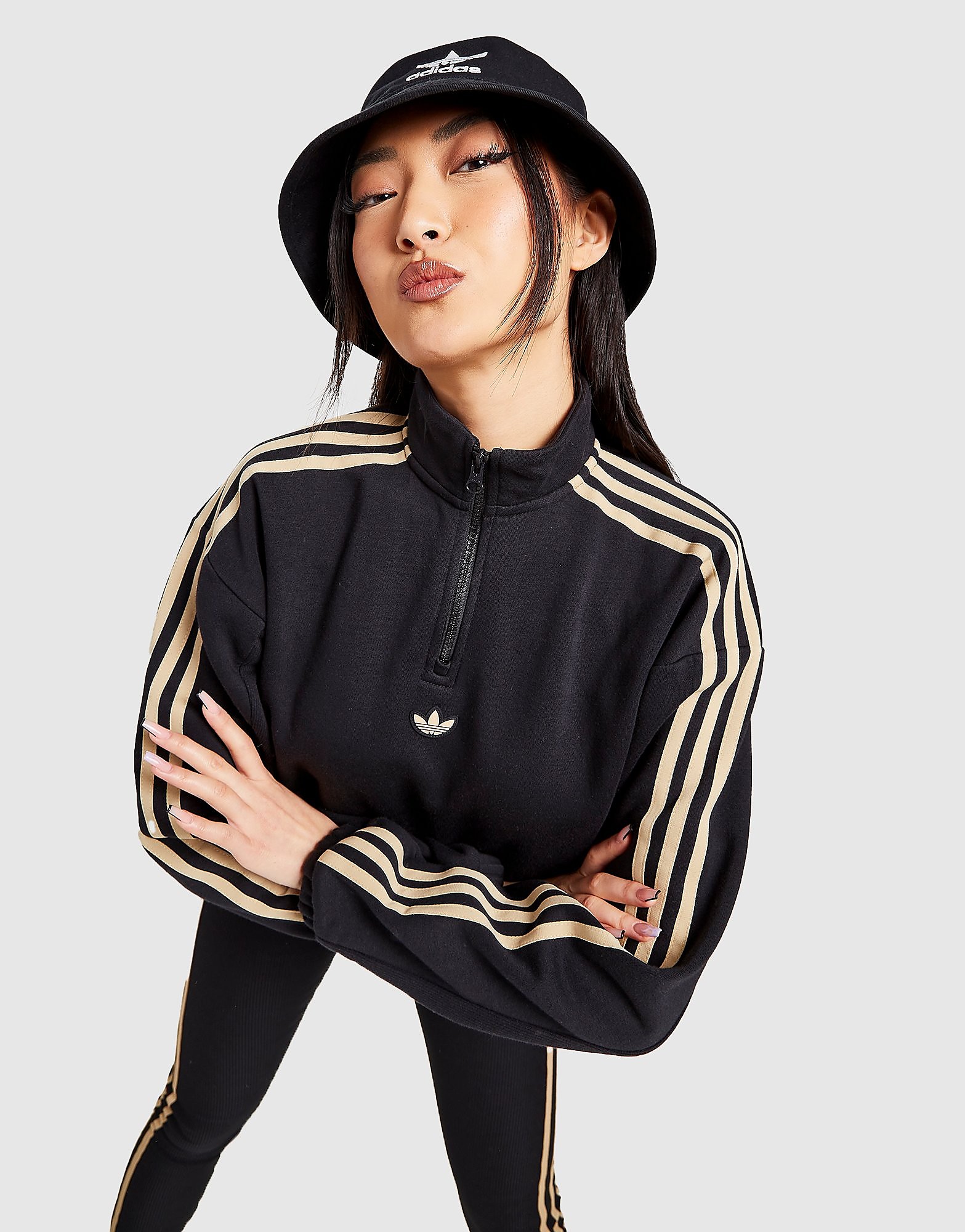 

adidas Originals Ribbed 1/4 Zip Top - Only at JD - Black - Womens, Black