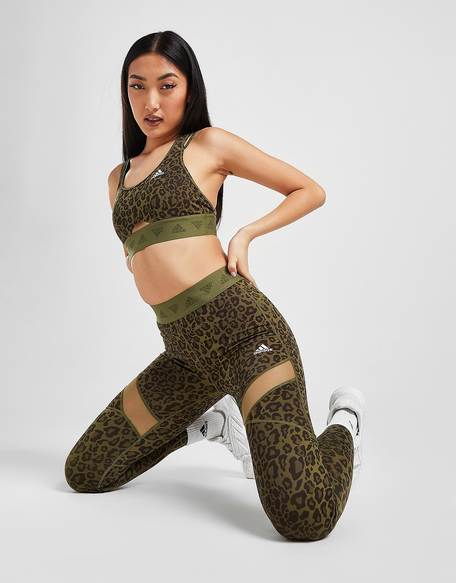 

adidas 3-Stripes Leopard Print Tights - Green - Womens, Green
