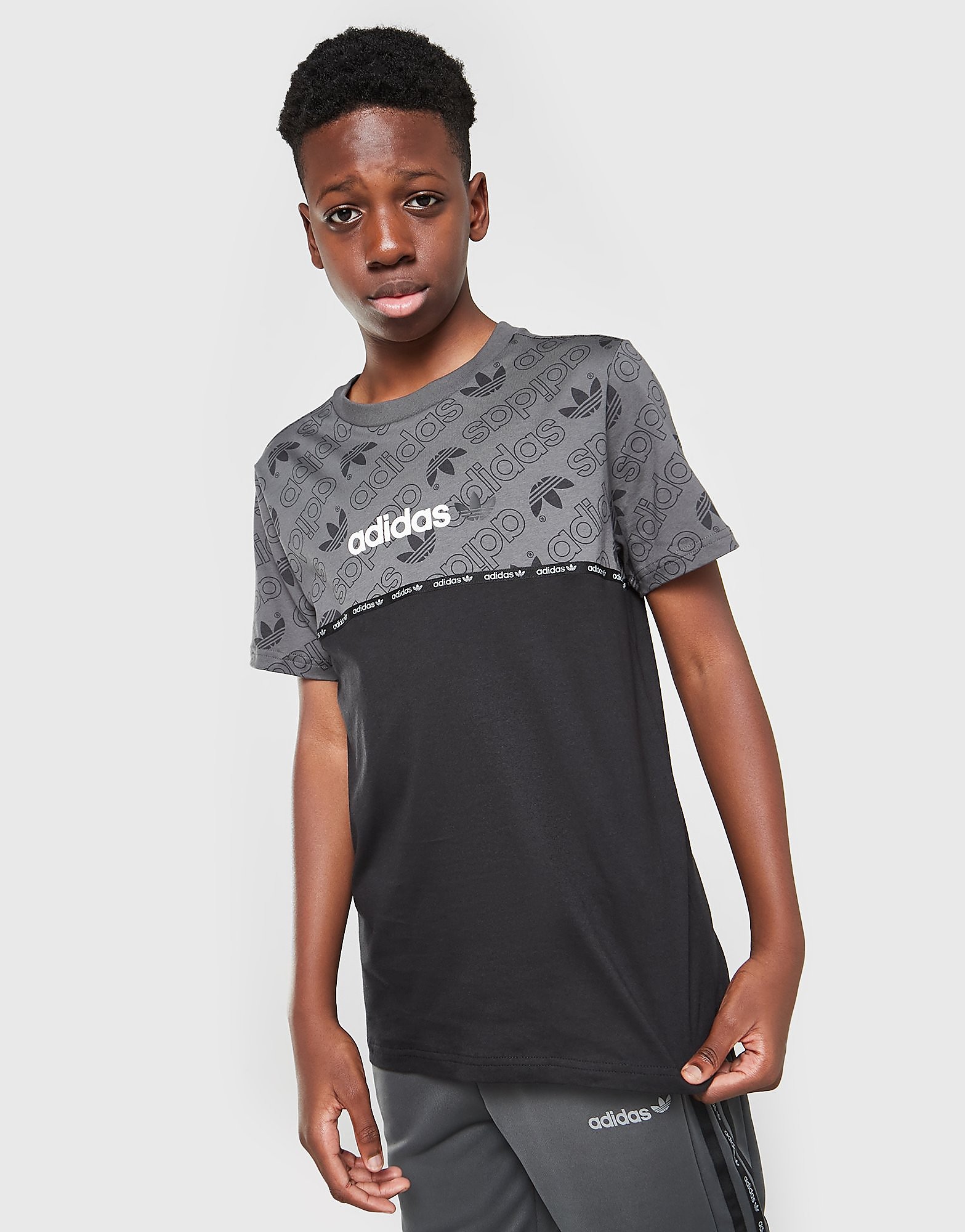 

adidas Originals Colour Block All Over Print T-Shirt Junior - Only at JD - Grey/Black - Kids, Grey/Black