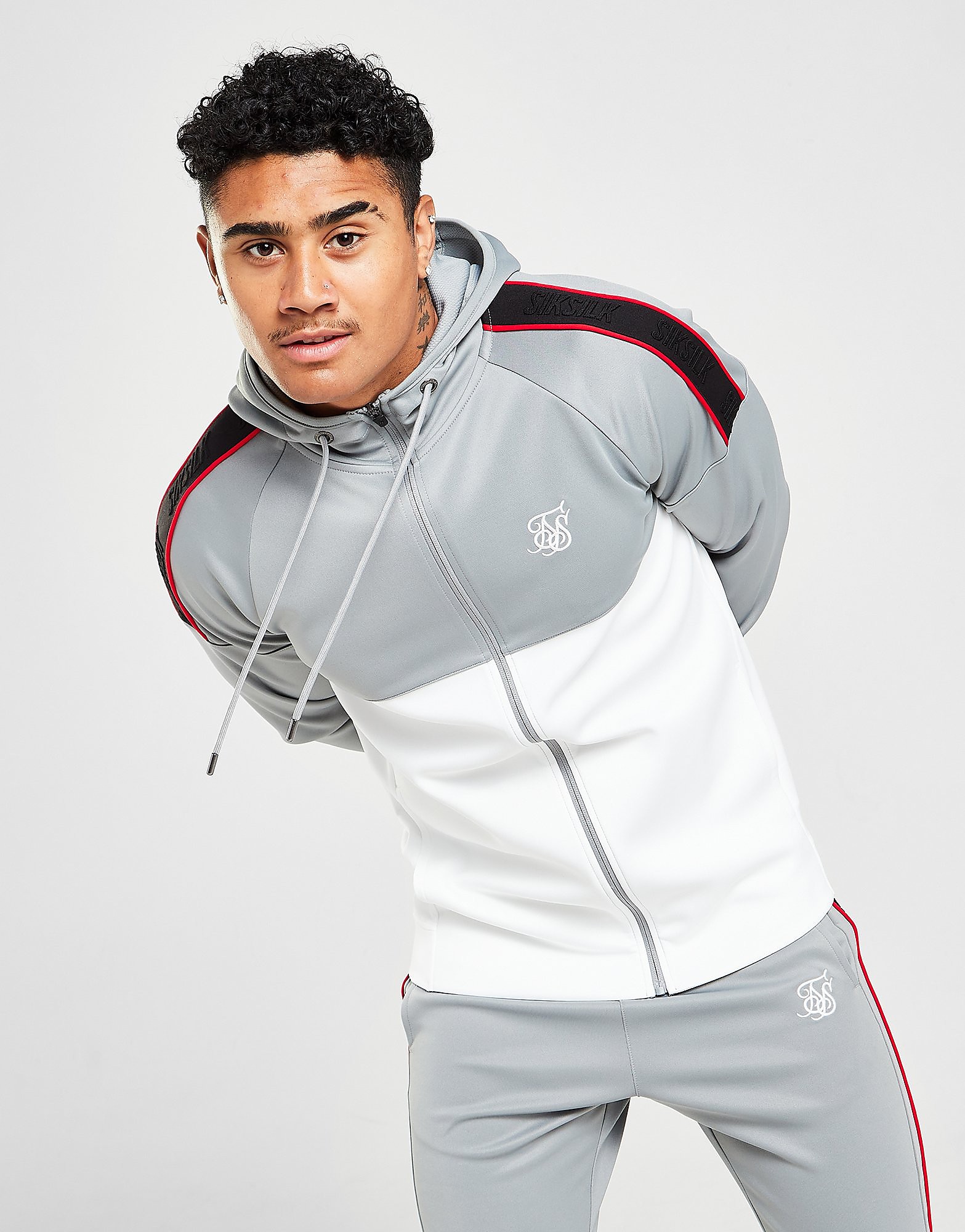 SikSilk Poly Full Zip Tape Hoodie - Only at JD - Grey - Mens, Grey