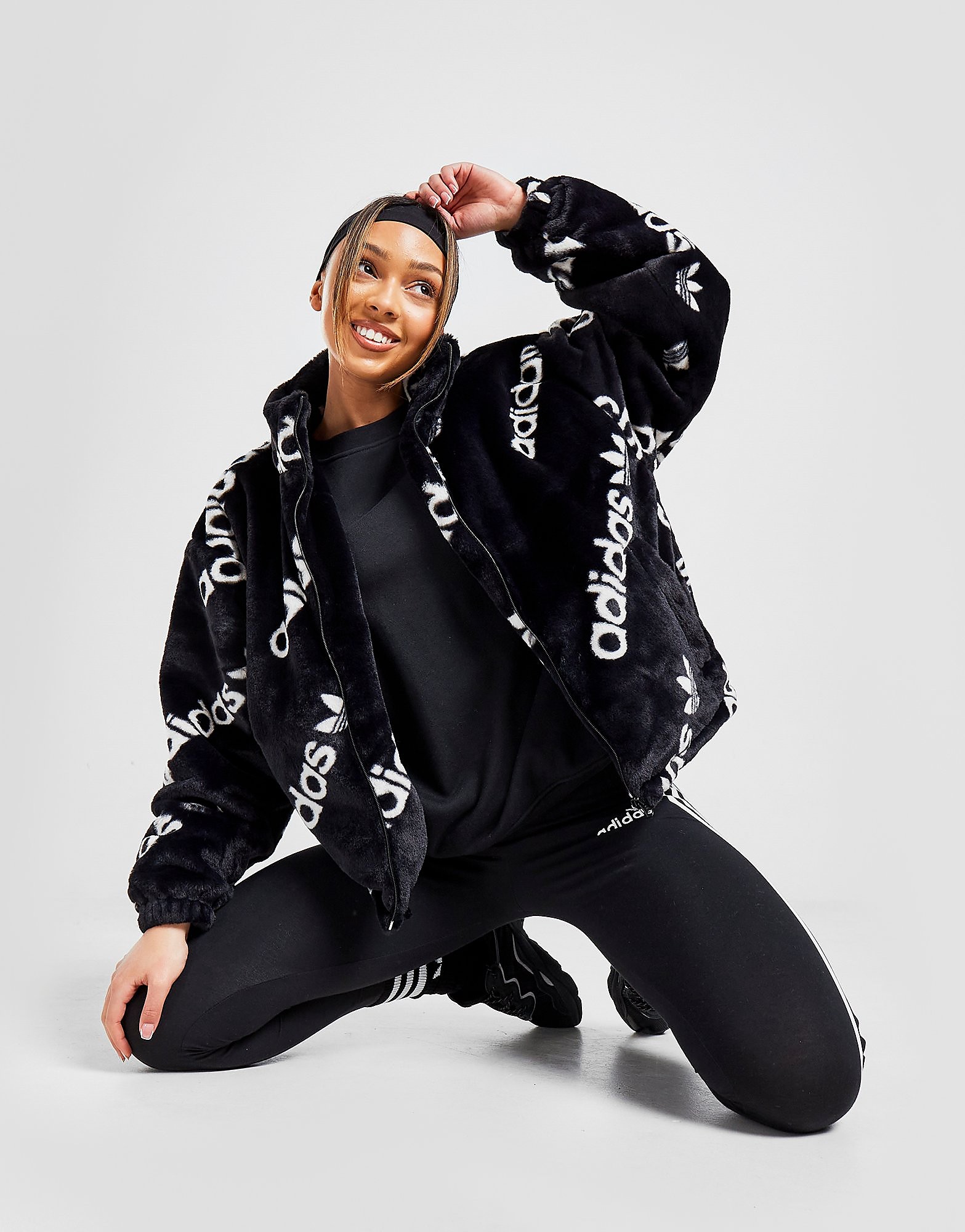 

adidas Originals Faux Fur All Over Print Jacket - Black - Womens, Black