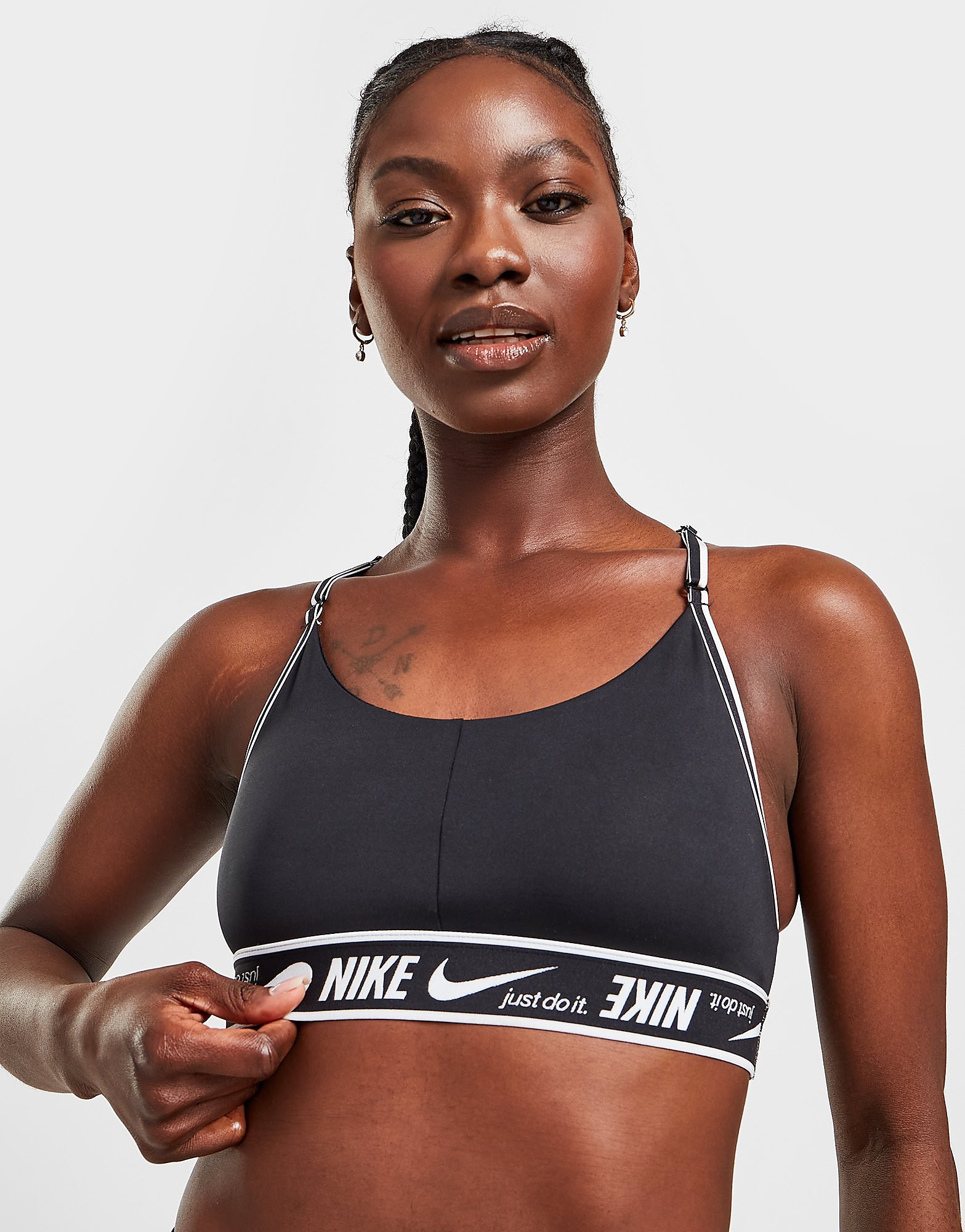 

Nike Training Indy Tape Sports Bra - Black/Black/White - Womens, Black/Black/White