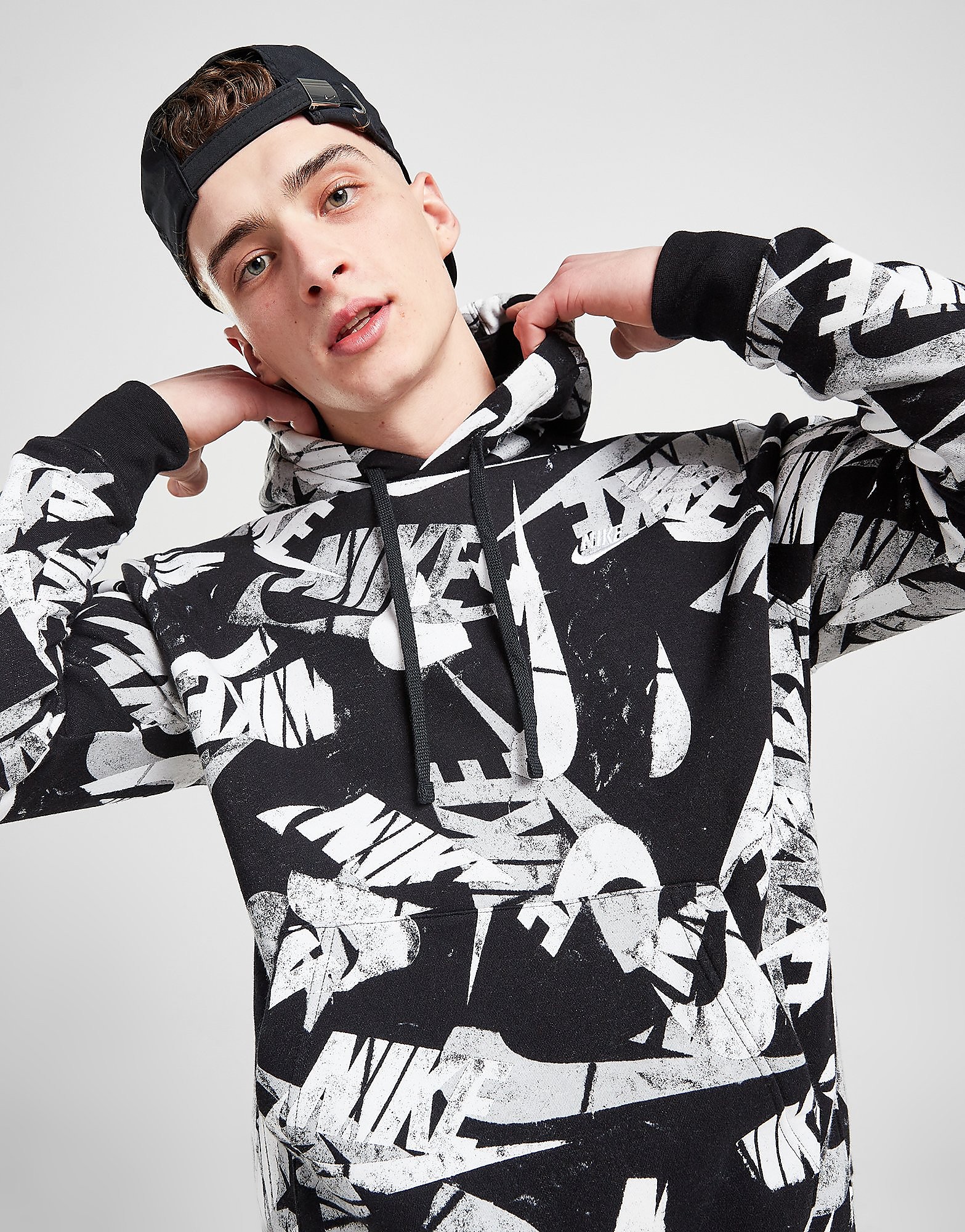 

Nike Hand Drawn All Over Print Hoodie - Black/White/White - Mens, Black/White/White