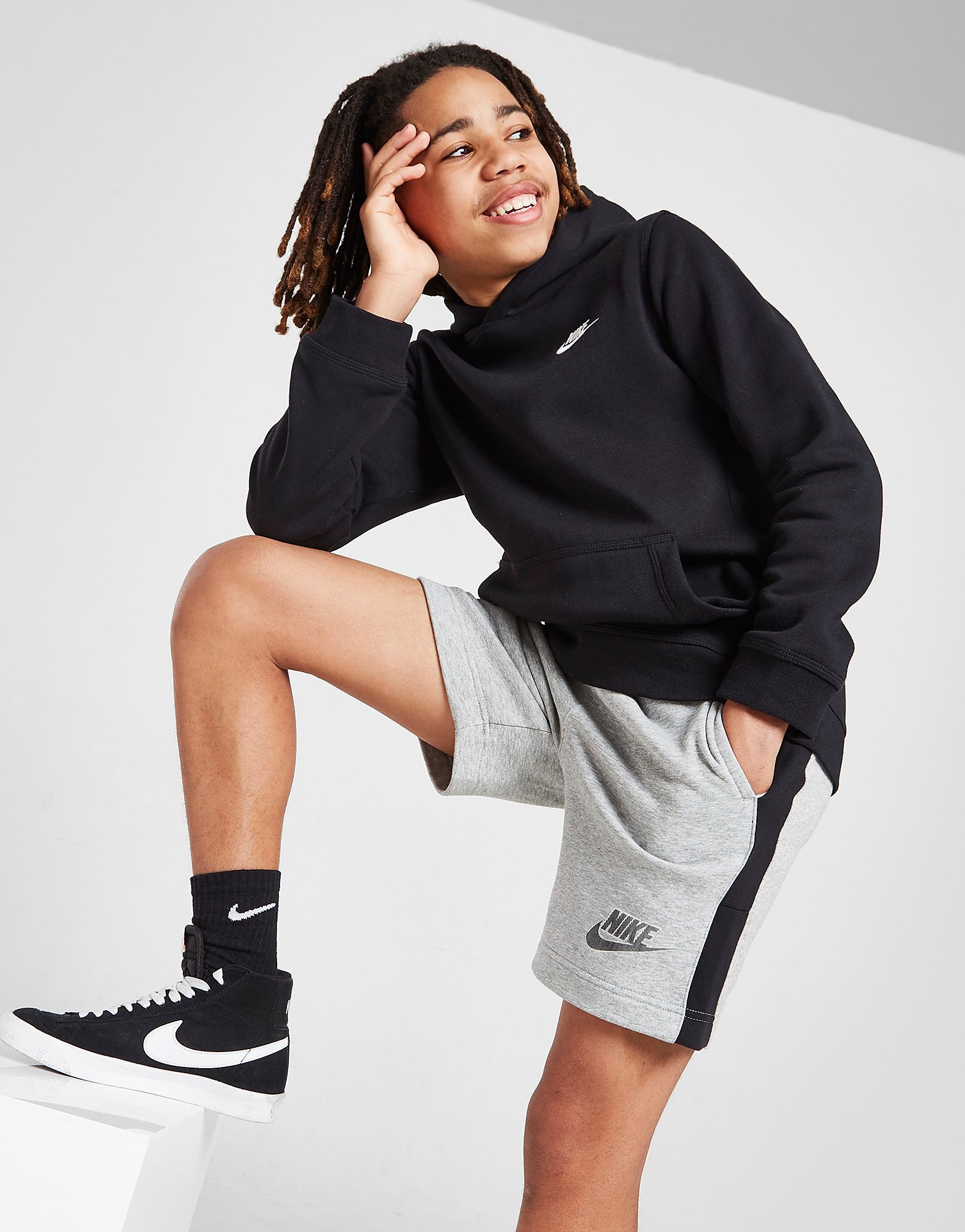 

Nike Hybrid French Terry Shorts Junior - Only at JD - Dark Grey Heather/Black/Black - Kids, Dark Grey Heather/Black/Black